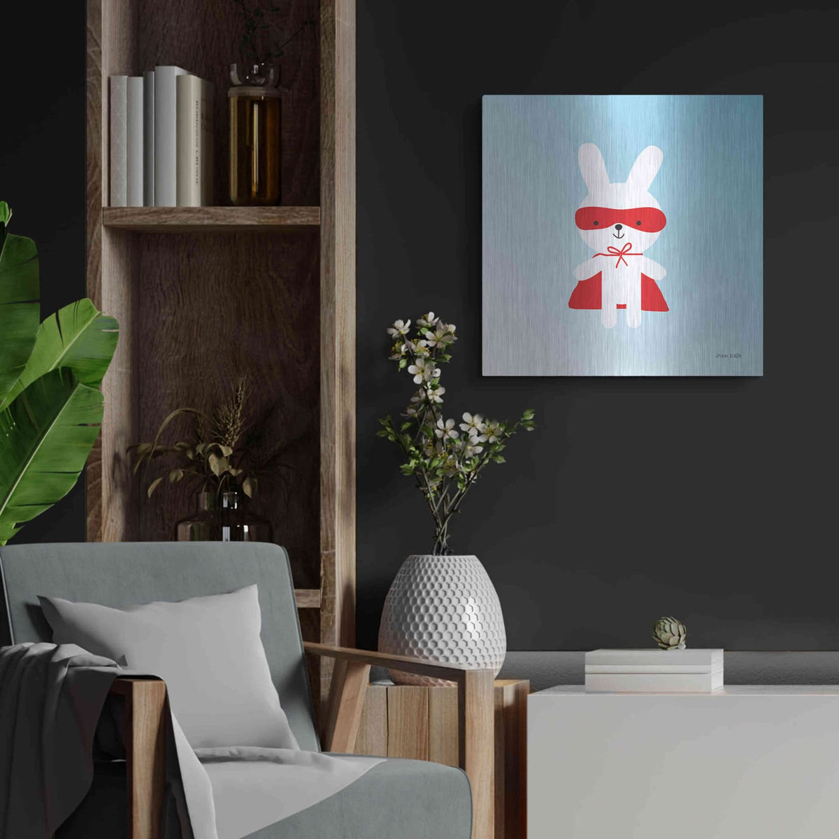 'Rabbit Super Hero' by Ann Kelle – Metal Wall Art, 24x24 room view