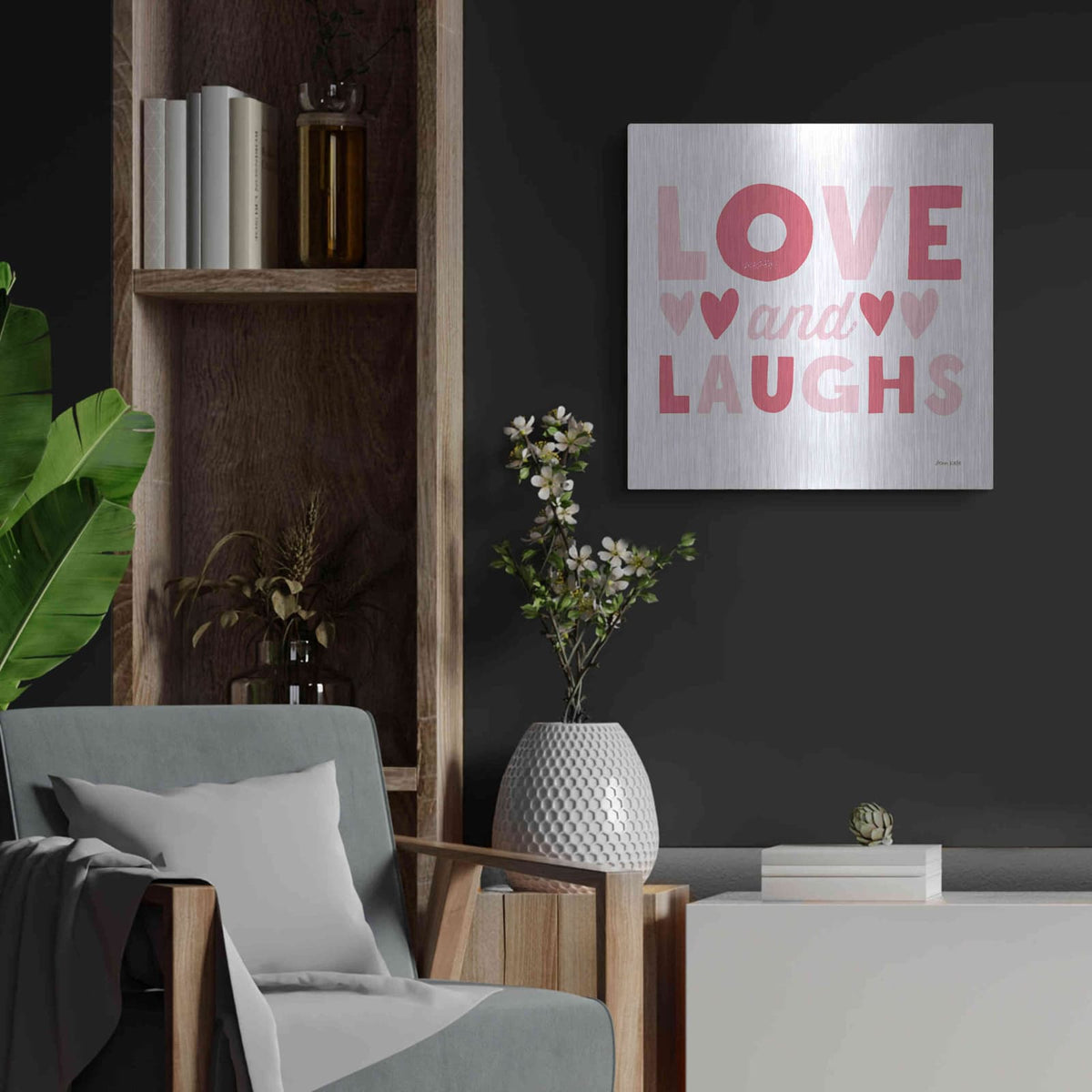 'Love and Laughs Pink' by Ann Kelle – Metal Wall Art, 24x24 room view