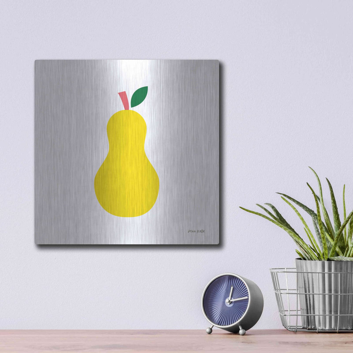 'Yellow Pear' by Ann Kelle – Metal Wall Art, 12x12 room view