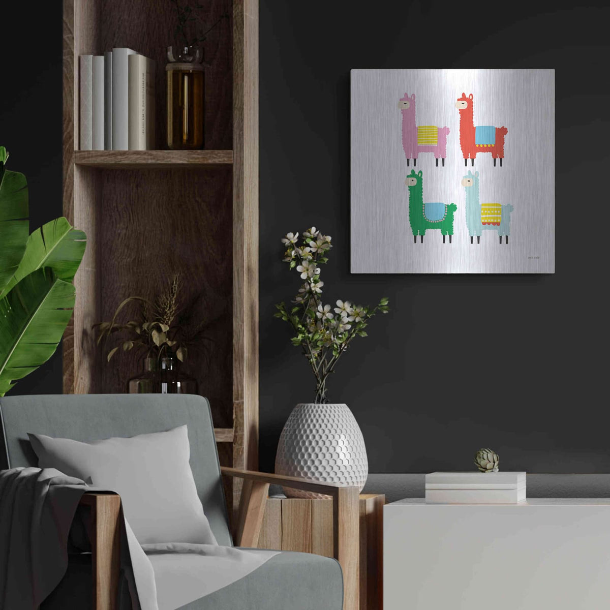 'The Llamas' by Ann Kelle – Metal Wall Art, 24x24 room view