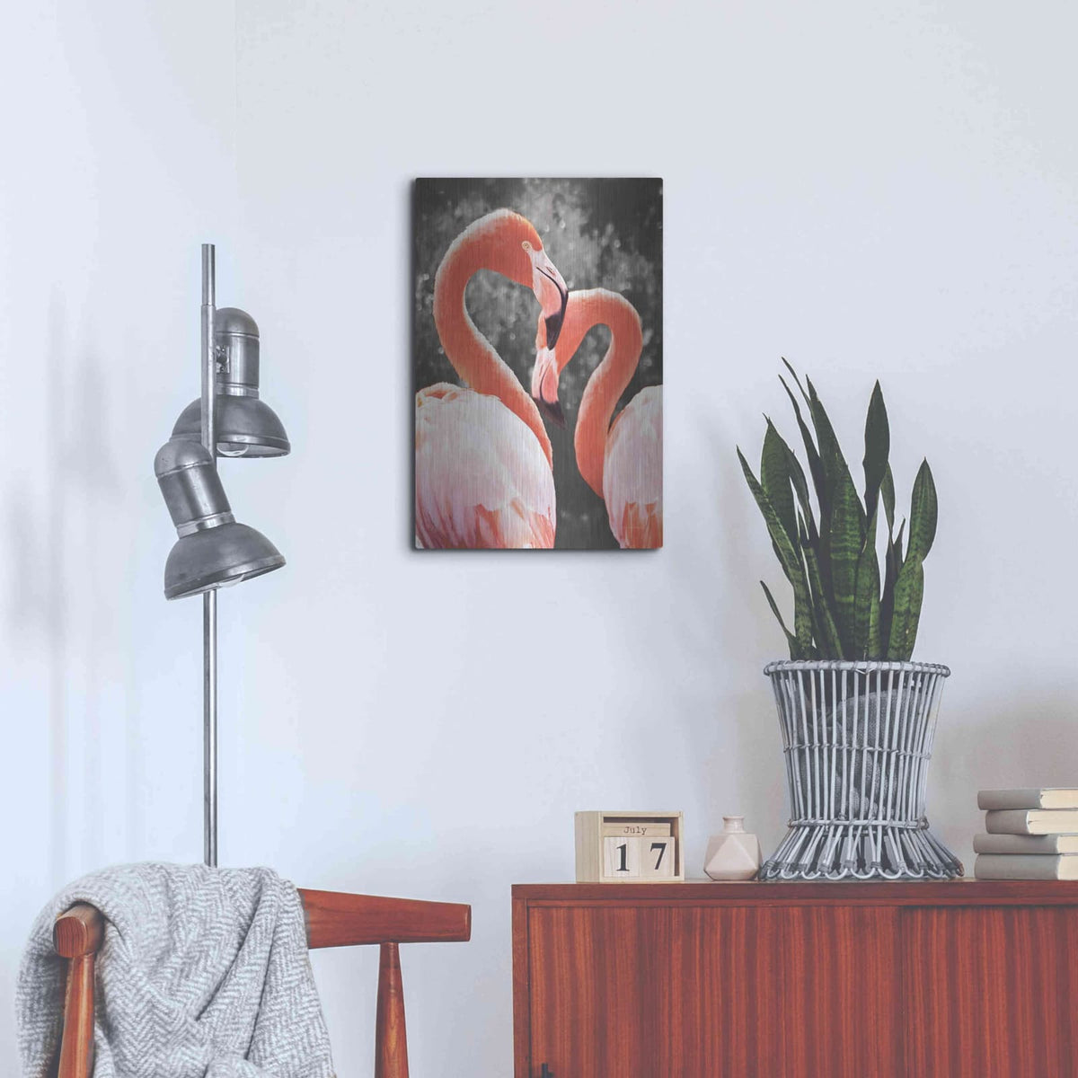'Flamingo II on BW' by Debra Van Swearingen – Metal Wall Art, 16x24 room view
