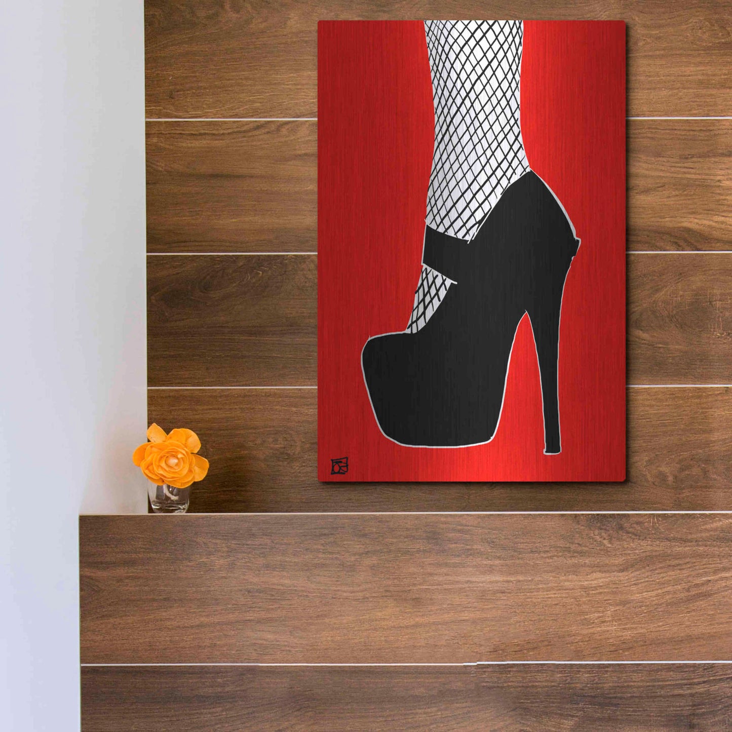 Luxe Metal Art 'Black heel on red' by Giuseppe Cristiano, Metal Wall Art,12x16