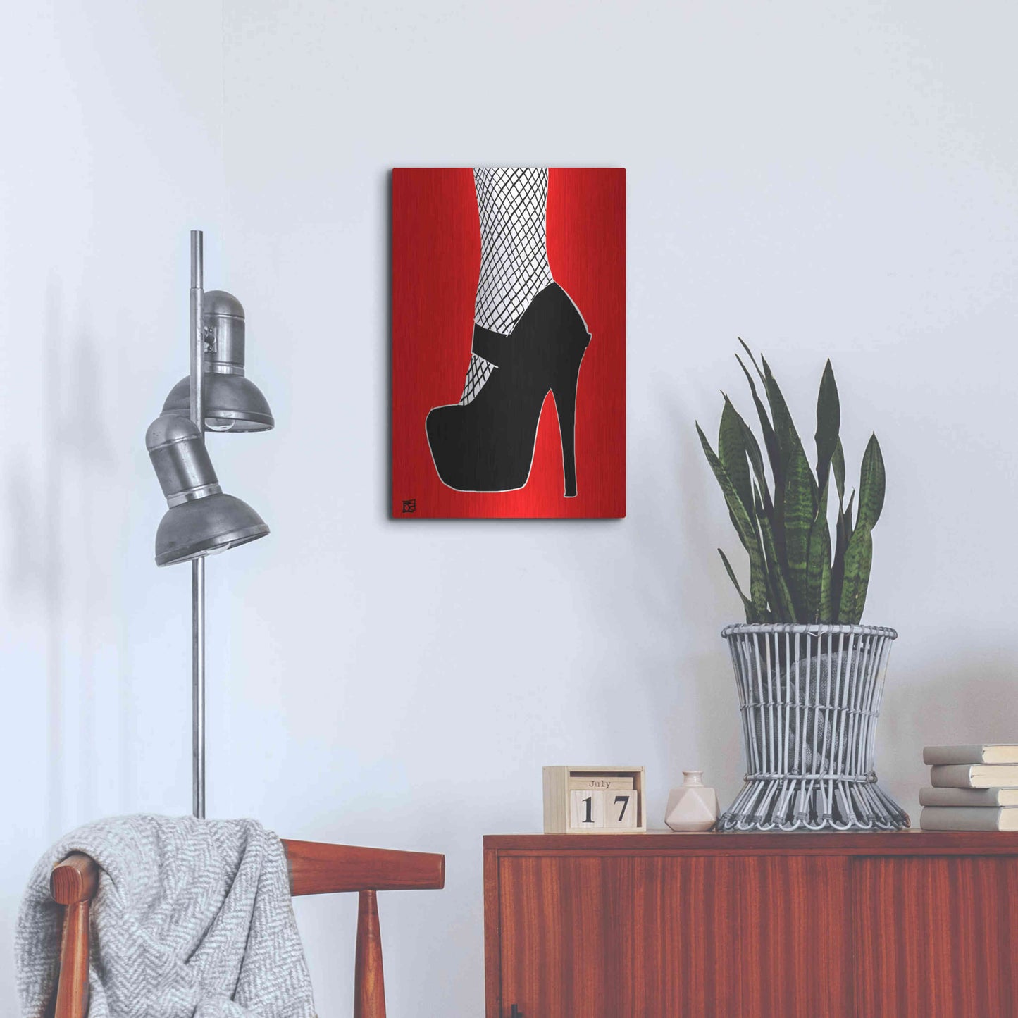 Luxe Metal Art 'Black heel on red' by Giuseppe Cristiano, Metal Wall Art,16x24