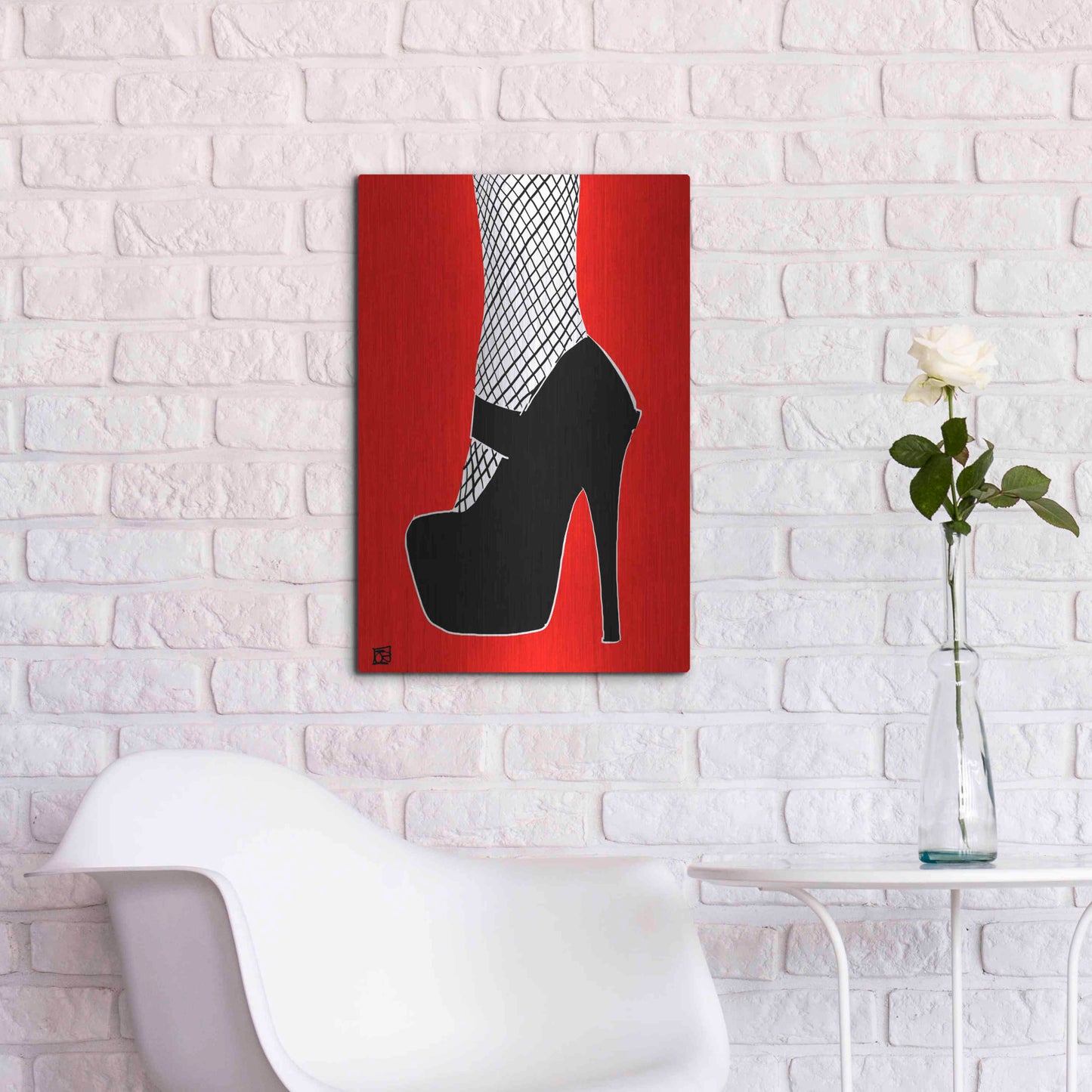 Luxe Metal Art 'Black heel on red' by Giuseppe Cristiano, Metal Wall Art,16x24