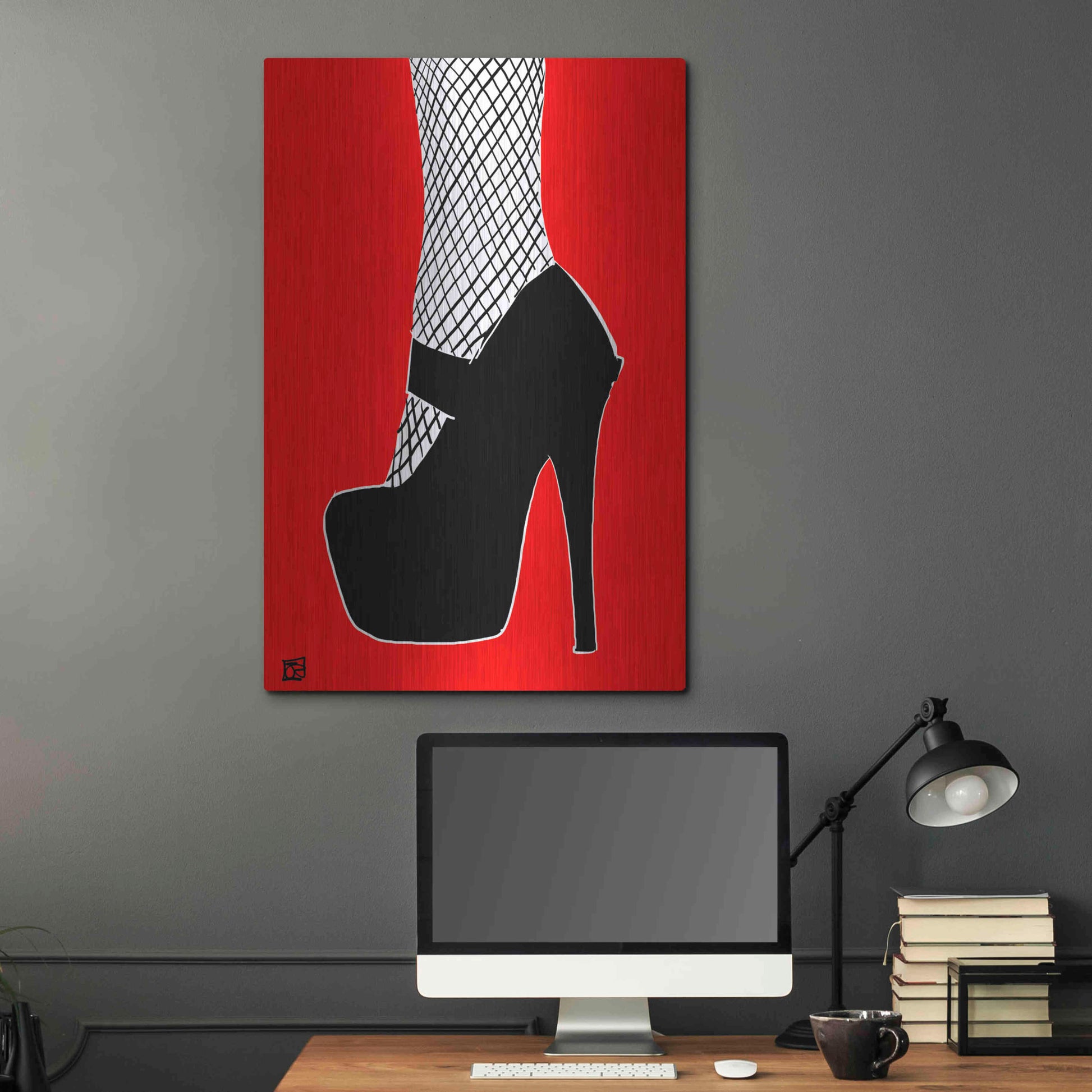 Luxe Metal Art 'Black heel on red' by Giuseppe Cristiano, Metal Wall Art,24x36