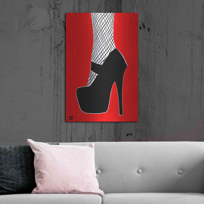 Luxe Metal Art 'Black heel on red' by Giuseppe Cristiano, Metal Wall Art,24x36