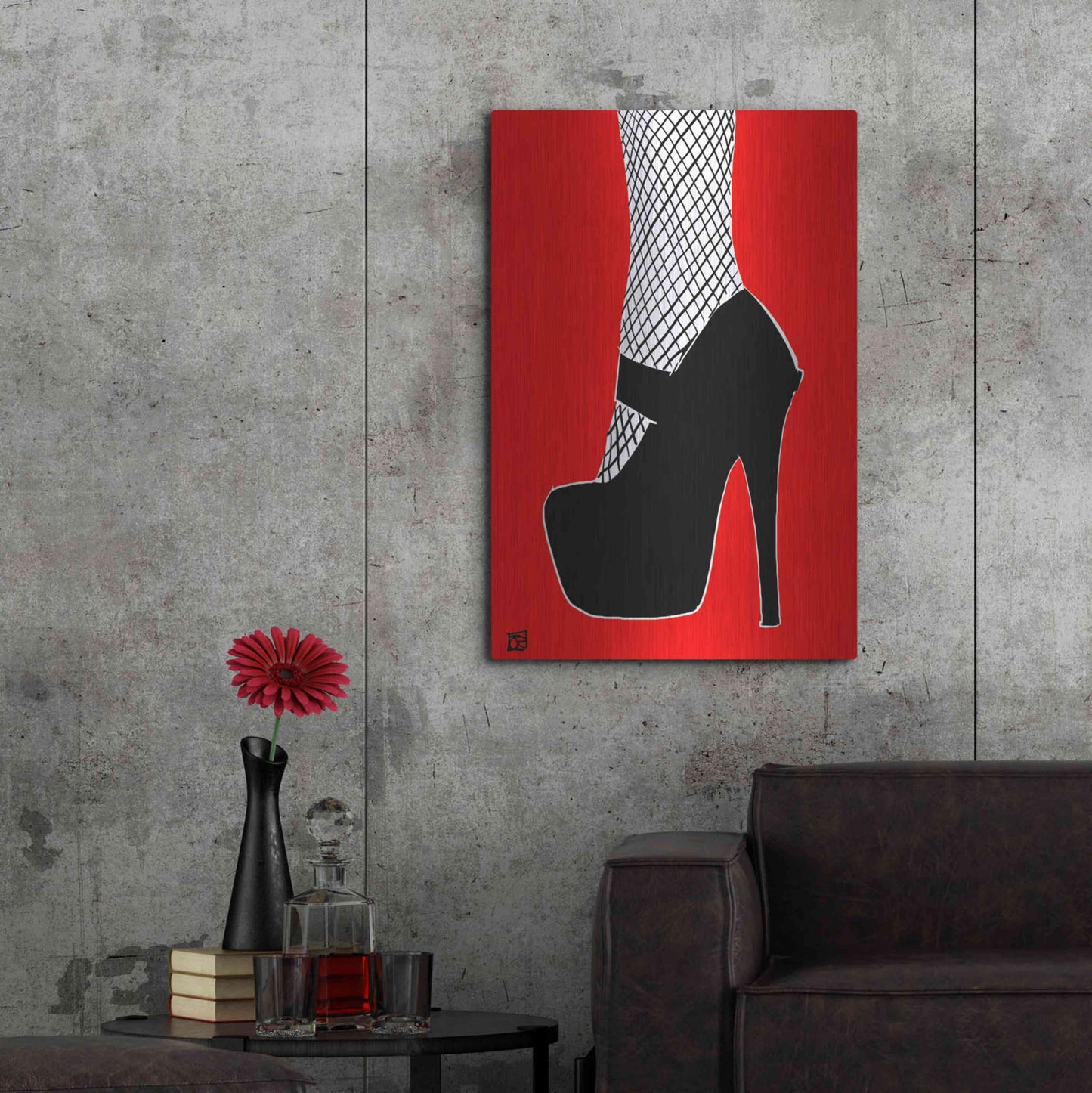 Luxe Metal Art 'Black heel on red' by Giuseppe Cristiano, Metal Wall Art,24x36