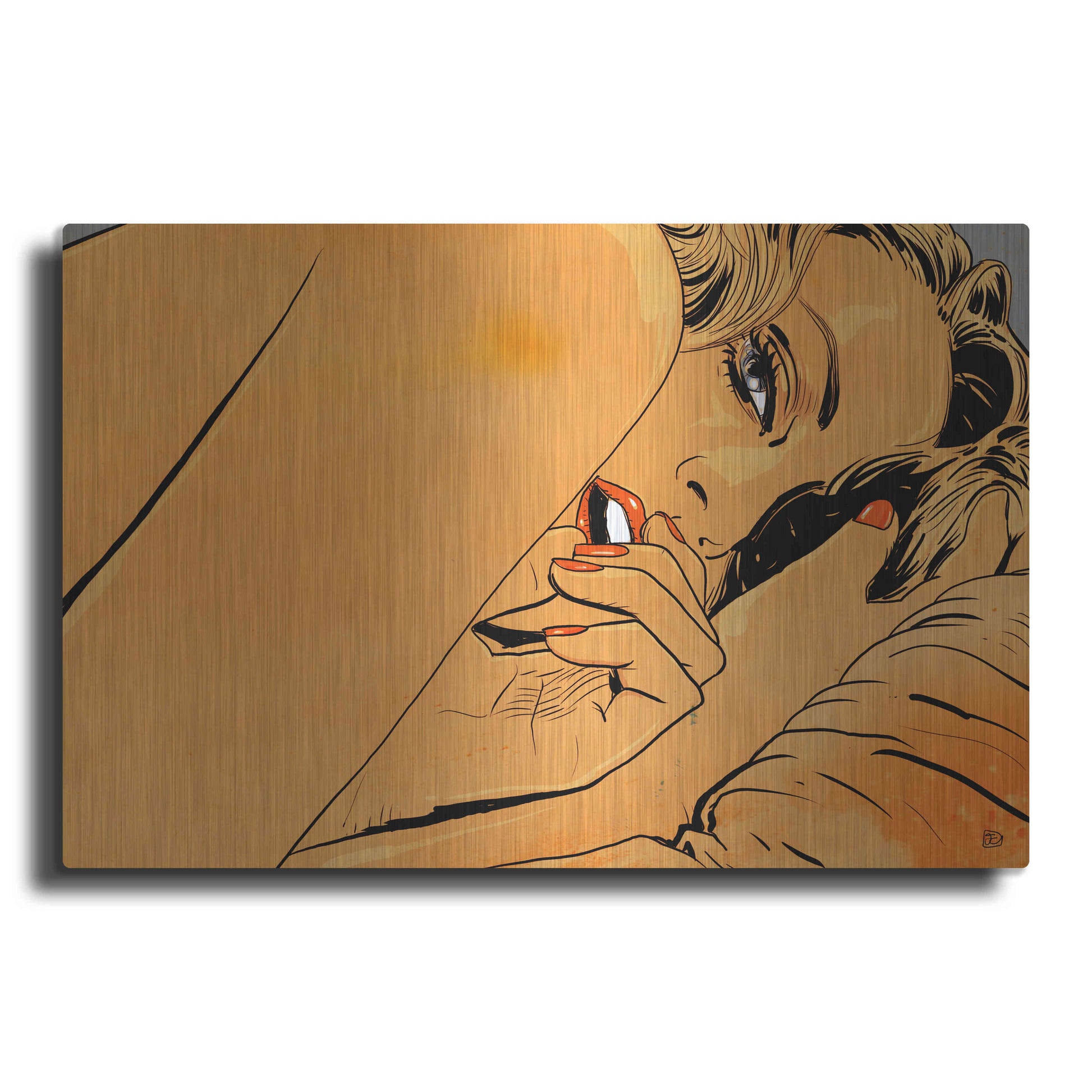 Luxe Metal Art 'Girl in bed 1' by Giuseppe Cristiano, Metal Wall Art