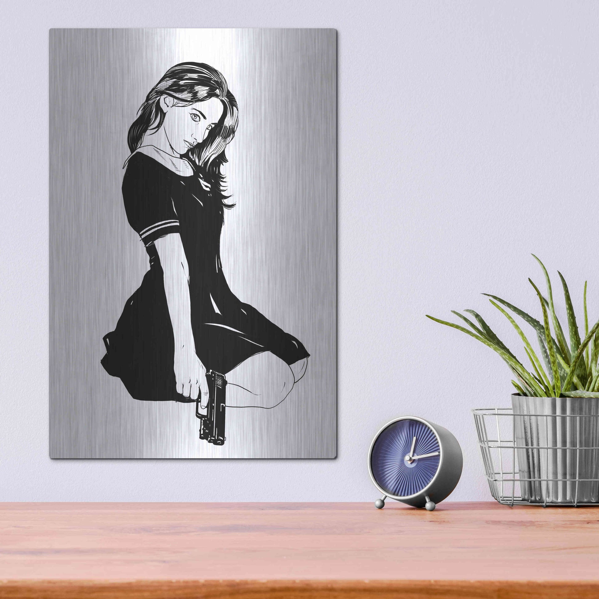 Luxe Metal Art 'Girl With Gun II' by Giuseppe Cristiano, Metal Wall Art,12x16