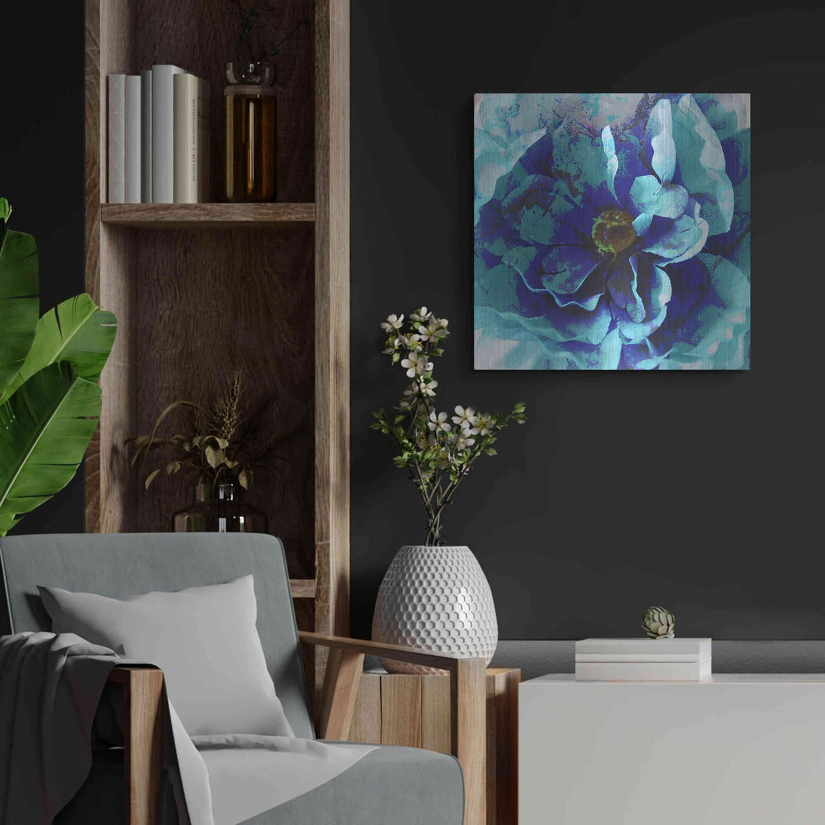 'Blue Flower' by Shandra Smith – Metal Wall Art, 24x24 room view