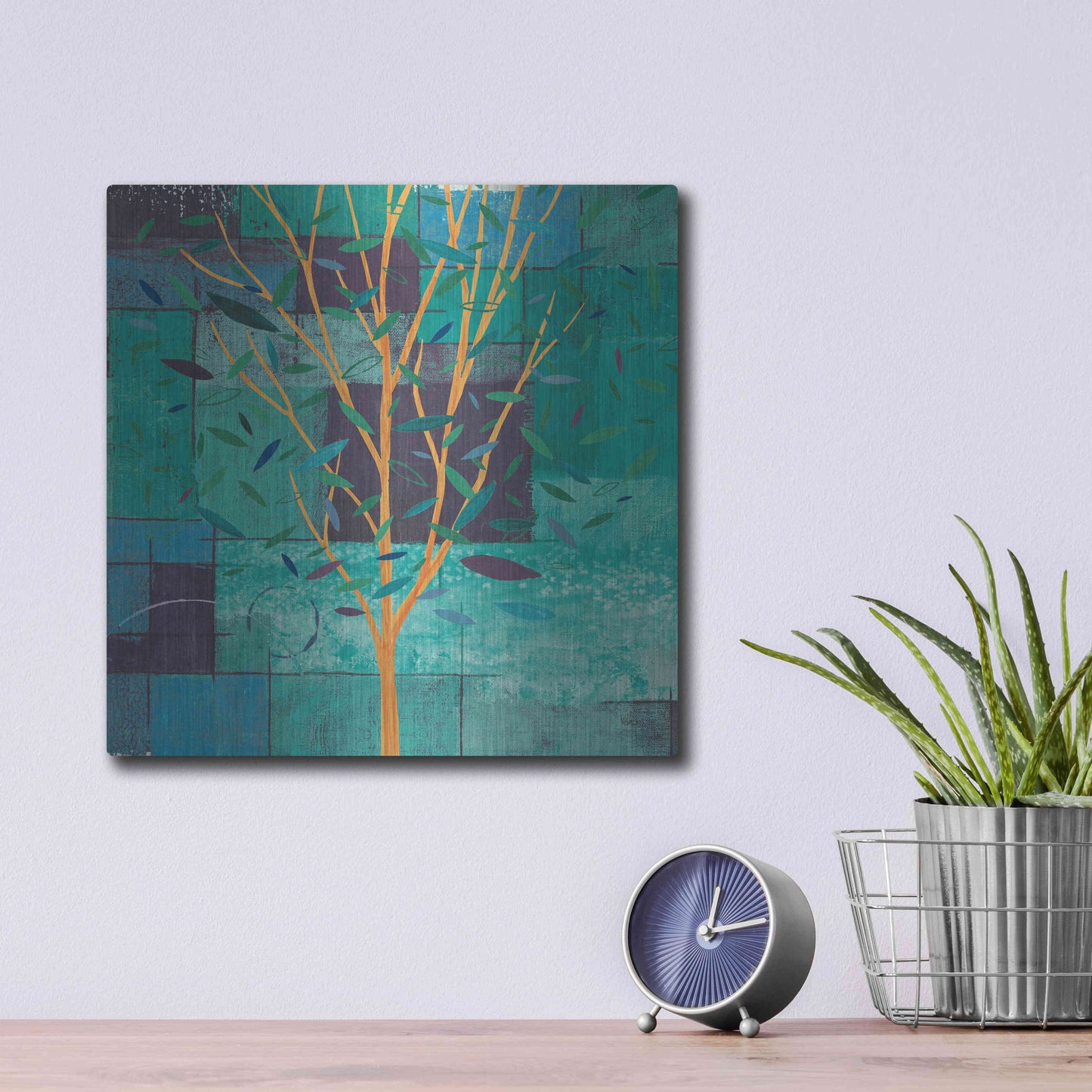 Luxe Metal Art 'Watercolor Forest V Peacock' by Veronique Charron, Metal Wall Art,12x12