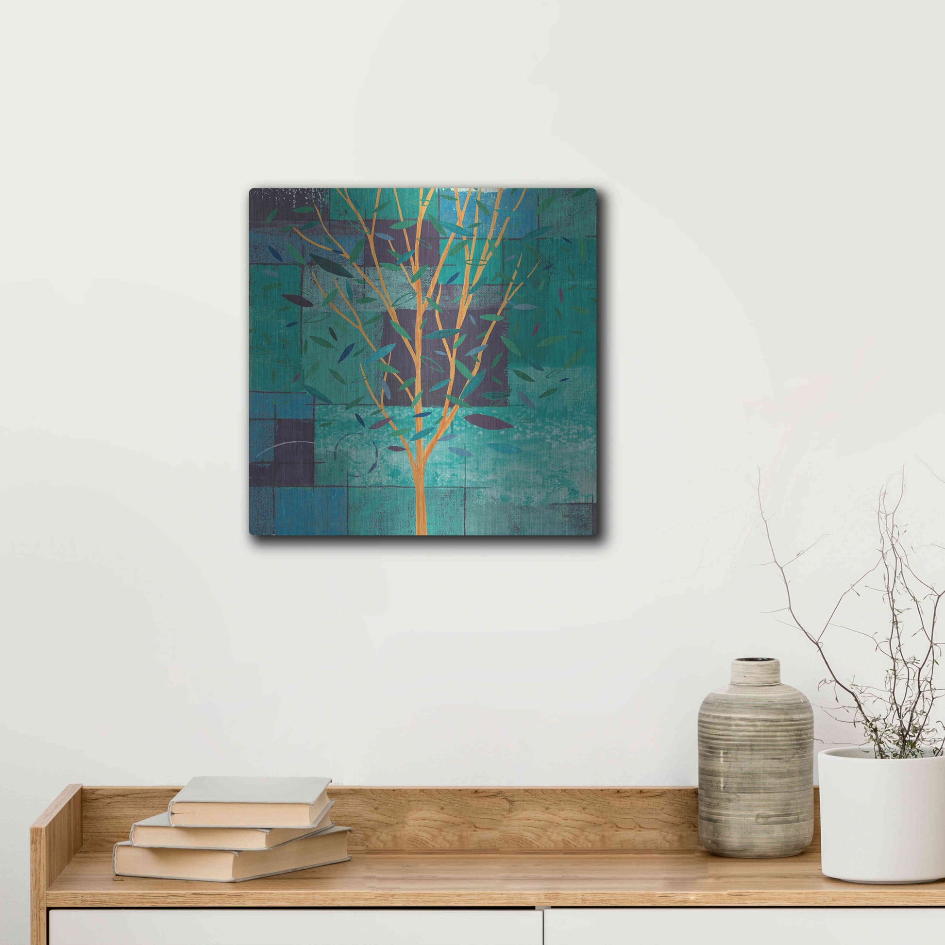 Luxe Metal Art 'Watercolor Forest V Peacock' by Veronique Charron, Metal Wall Art,12x12