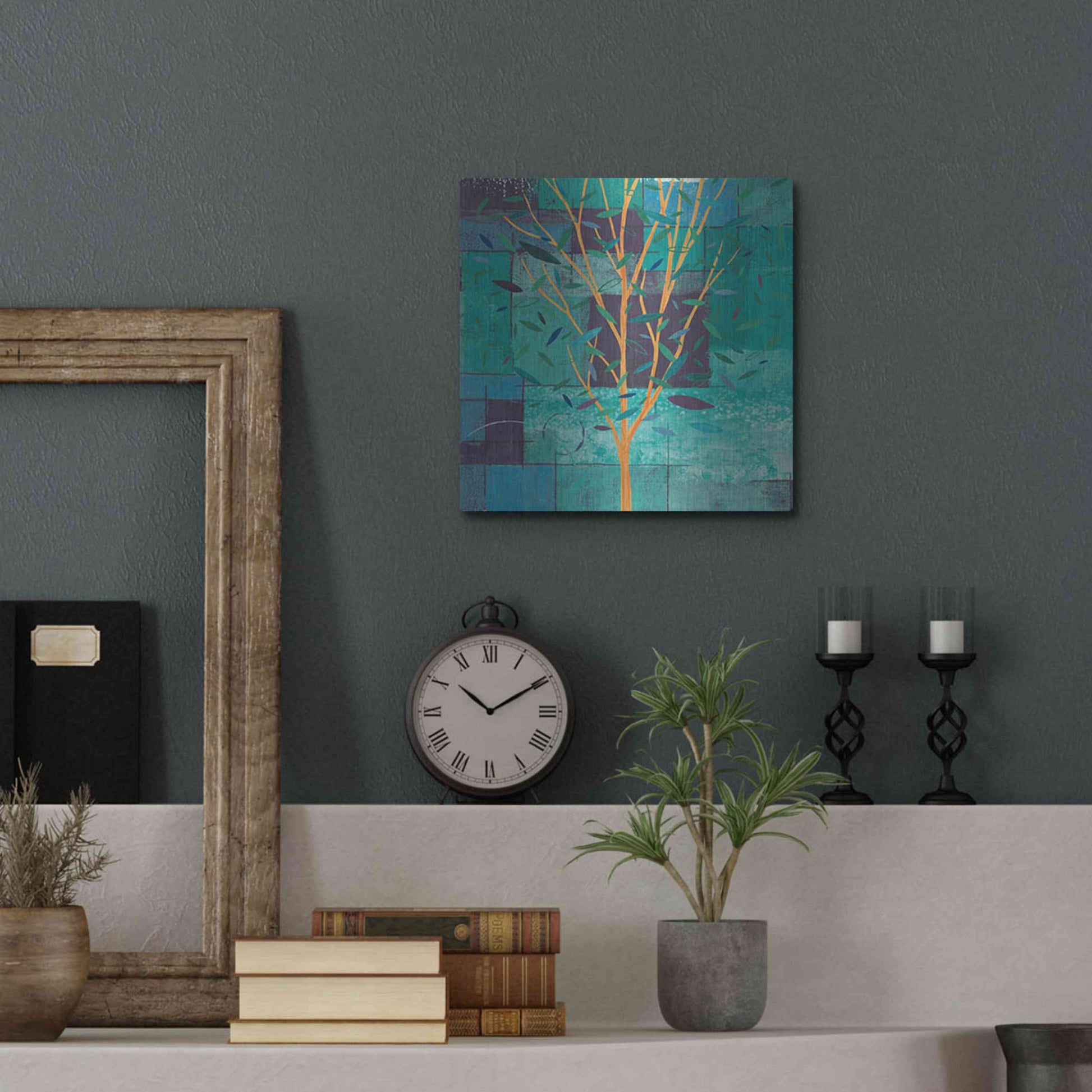 Luxe Metal Art 'Watercolor Forest V Peacock' by Veronique Charron, Metal Wall Art,12x12