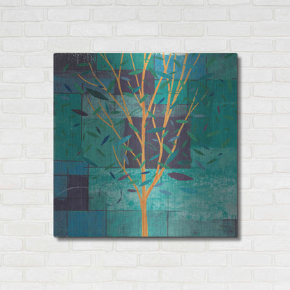 Luxe Metal Art 'Watercolor Forest V Peacock' by Veronique Charron, Metal Wall Art,36x36