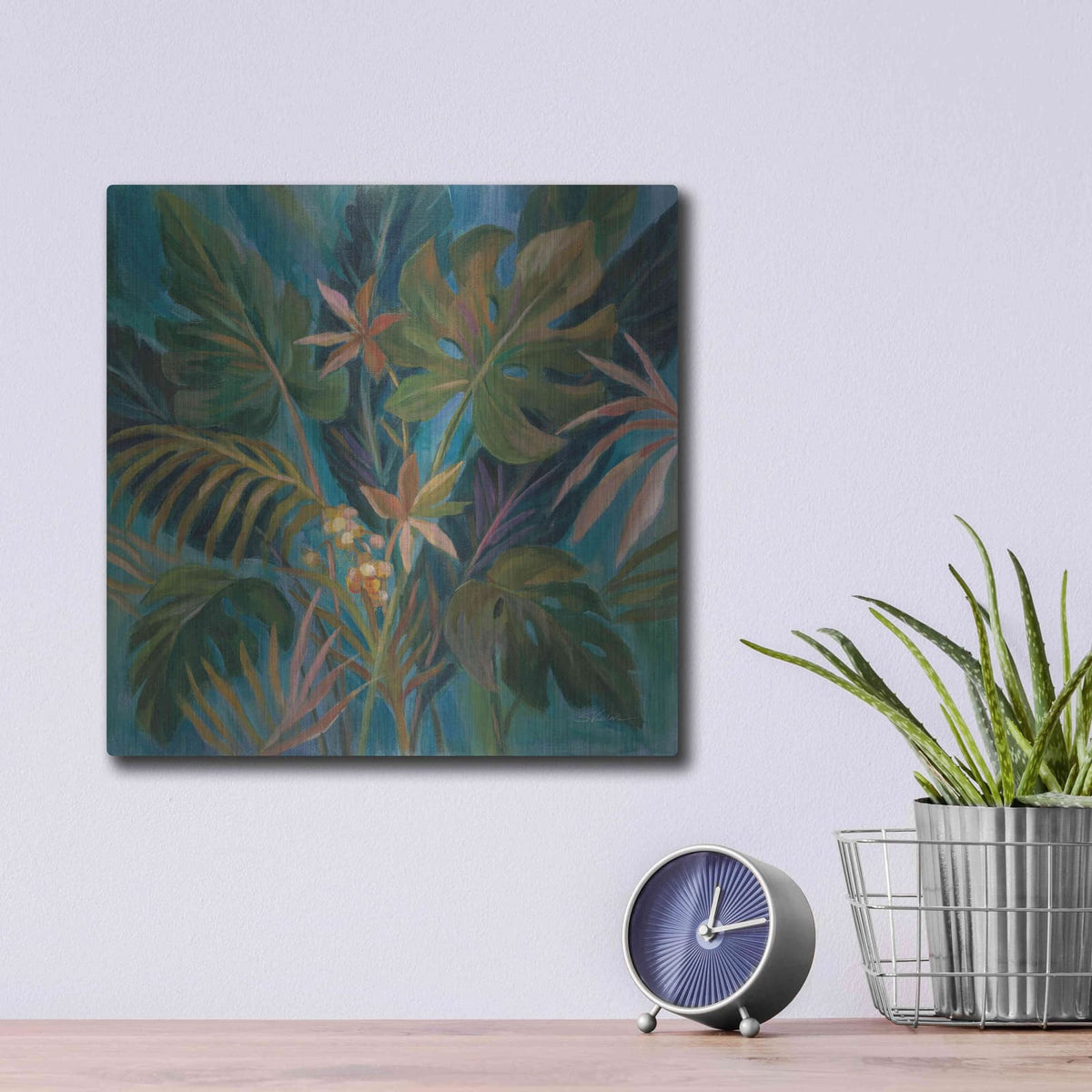 'Midnight Tropical Leaves' by Silvia Vassileva – Metal Wall Art, 12x12 room view