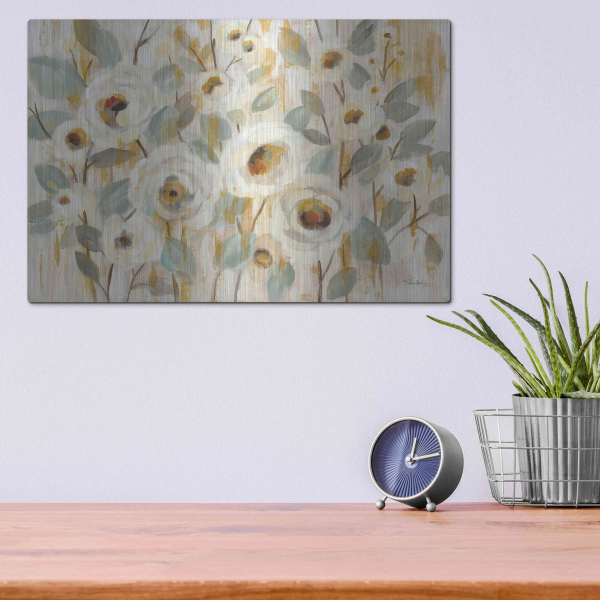 'White Gold and Sage Floral' by Silvia Vassileva – Metal Wall Art, 16x12 room view