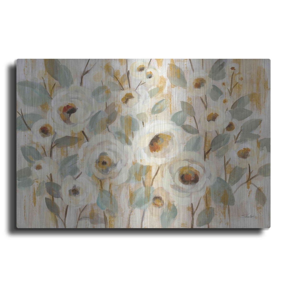 'White Gold and Sage Floral' by Silvia Vassileva – Metal Wall Art