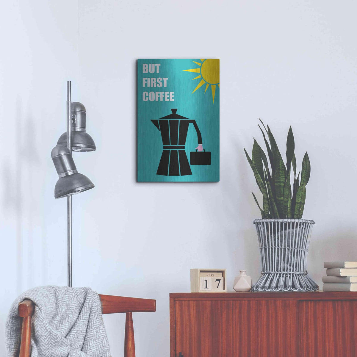 'But First Coffee' by Cesare Bellassai – Metal Wall Art, 16x24 room view