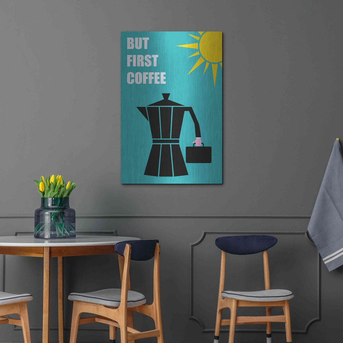'But First Coffee' by Cesare Bellassai – Metal Wall Art, 24x36 room view