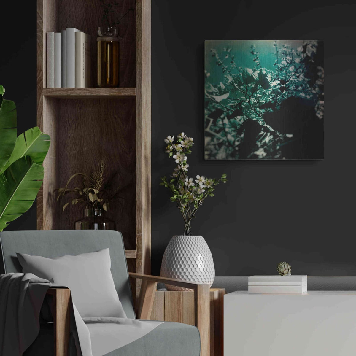'Green Poem' by Cesare Bellassai – Metal Wall Art, 24x24 room view