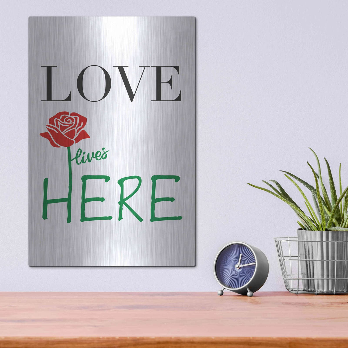 'Love Lives Here' by Cesare Bellassai – Metal Wall Art, 12x16 room view