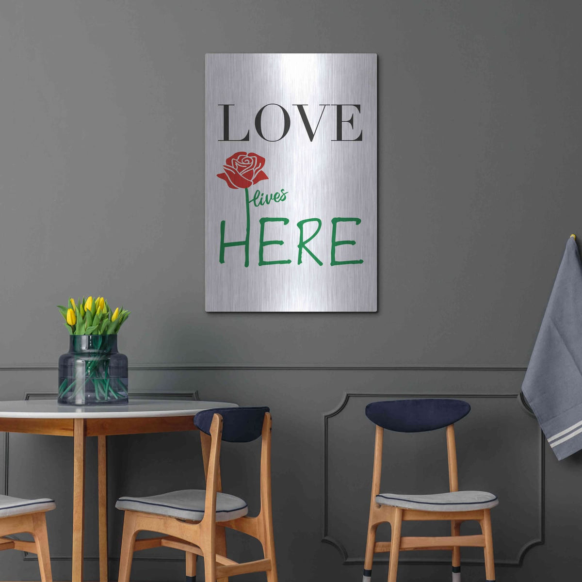'Love Lives Here' by Cesare Bellassai – Metal Wall Art, 24x36 room view