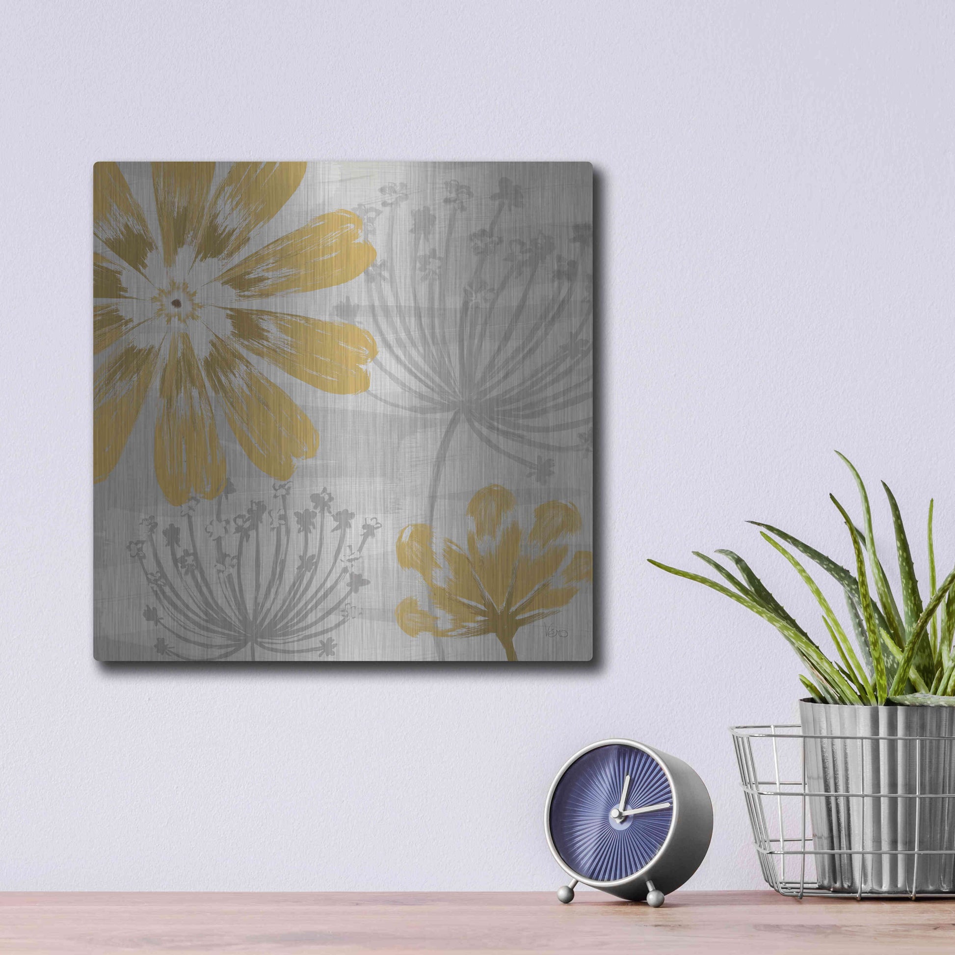 Luxe Metal Art 'Flowers in the Wind I' by Veronique Charron, Metal Wall Art,12x12