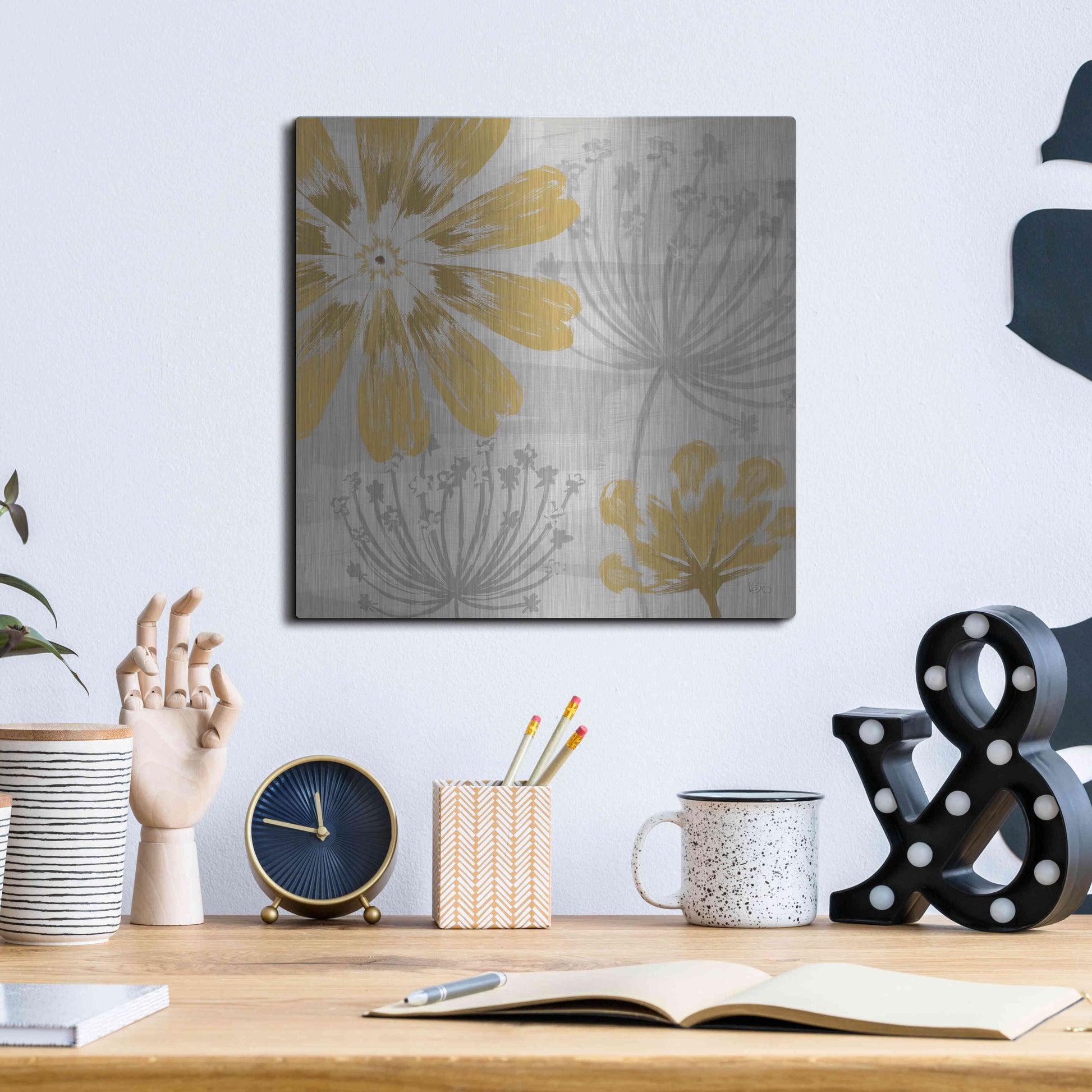 Luxe Metal Art 'Flowers in the Wind I' by Veronique Charron, Metal Wall Art,12x12