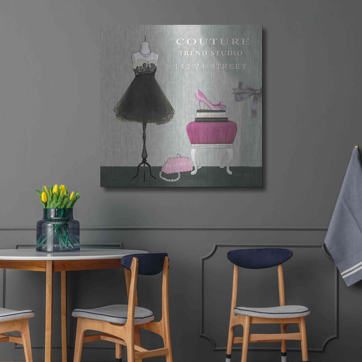 'Dress Fitting Boutique Sq III' by Marco Fabiano – Metal Wall Art, 36x36 room view