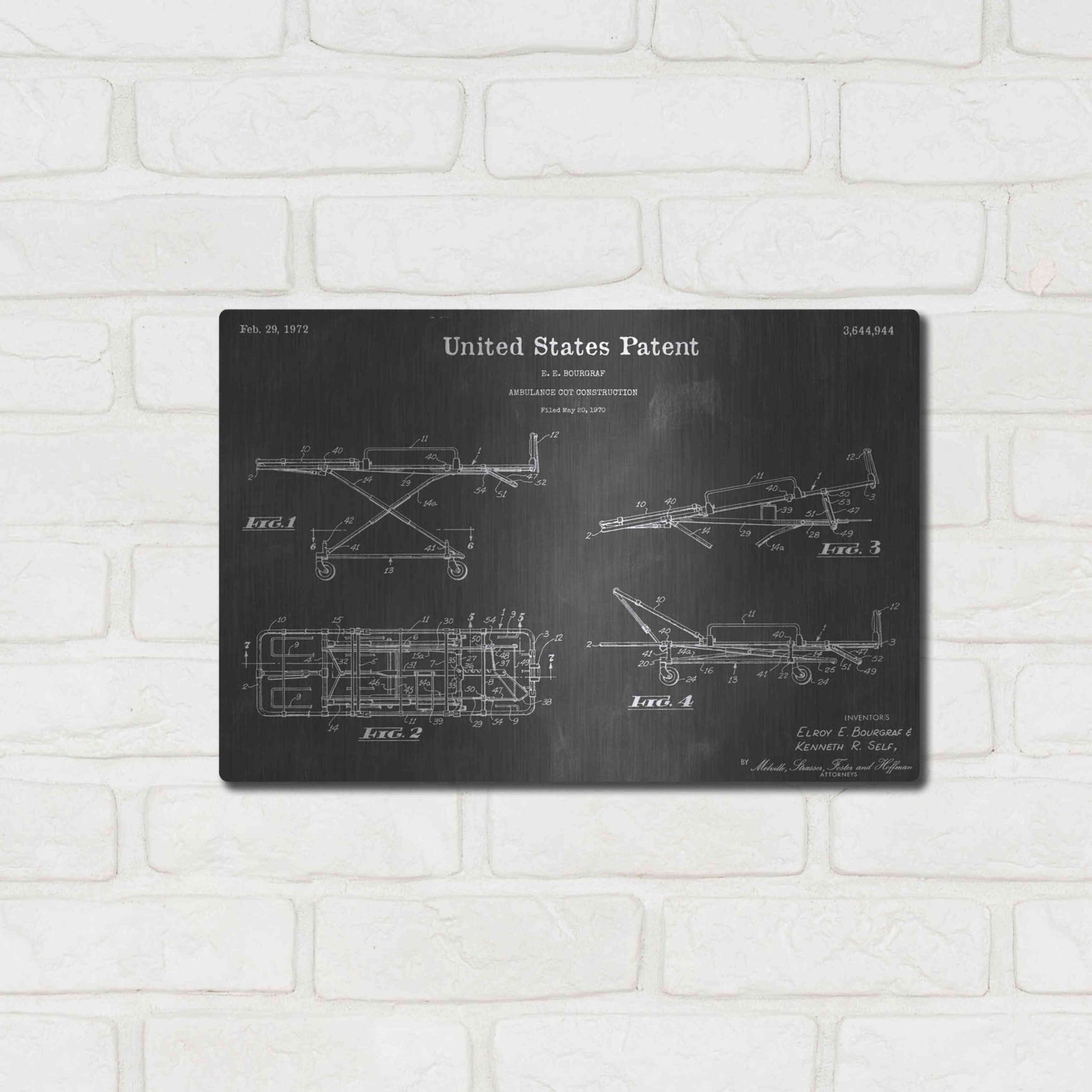 Luxe Metal Art 'Ambulance Cot Vintage Patent Blueprint' by Epic Portfolio, Metal Wall Art,16x12