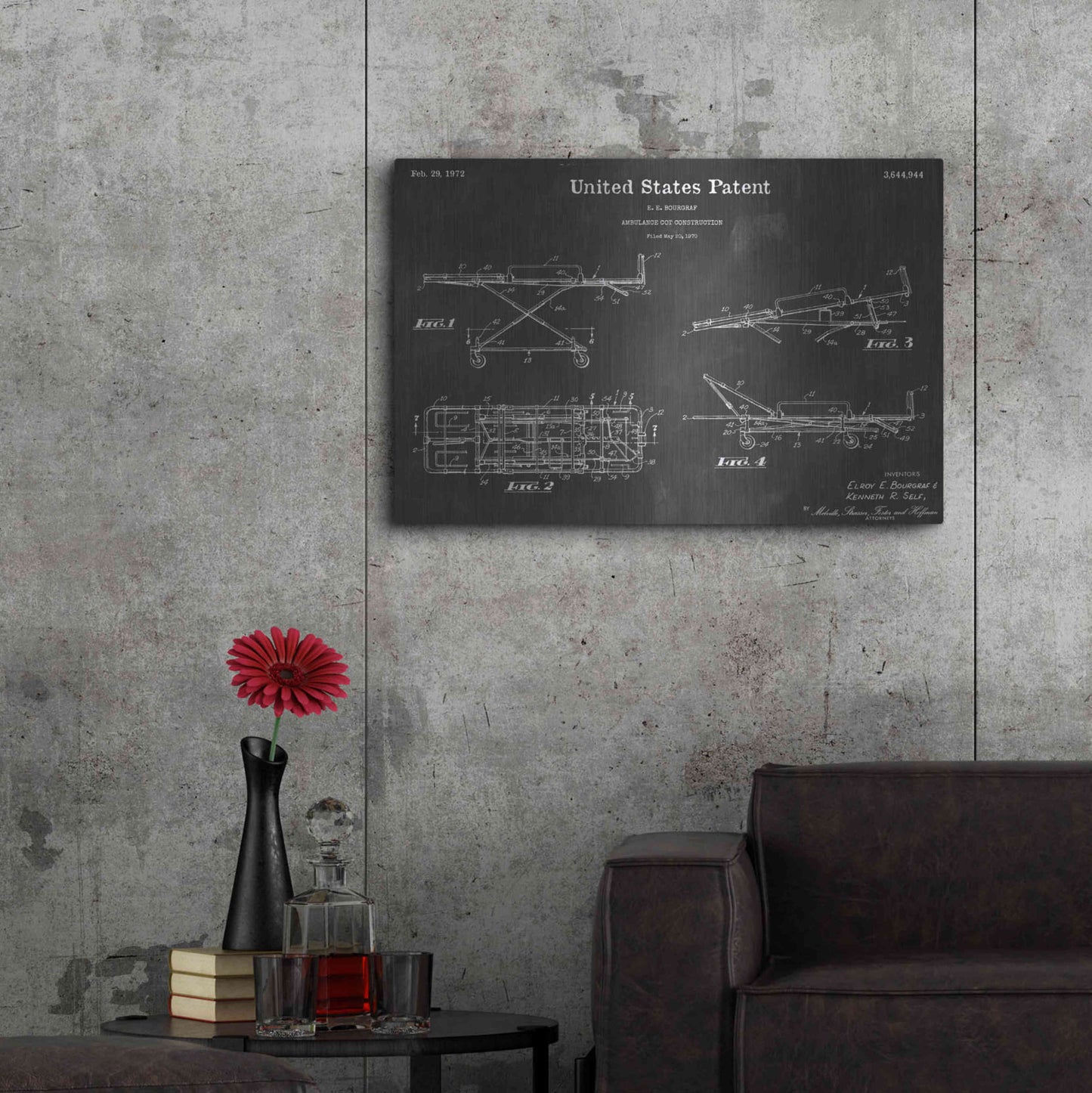 Luxe Metal Art 'Ambulance Cot Vintage Patent Blueprint' by Epic Portfolio, Metal Wall Art,36x24