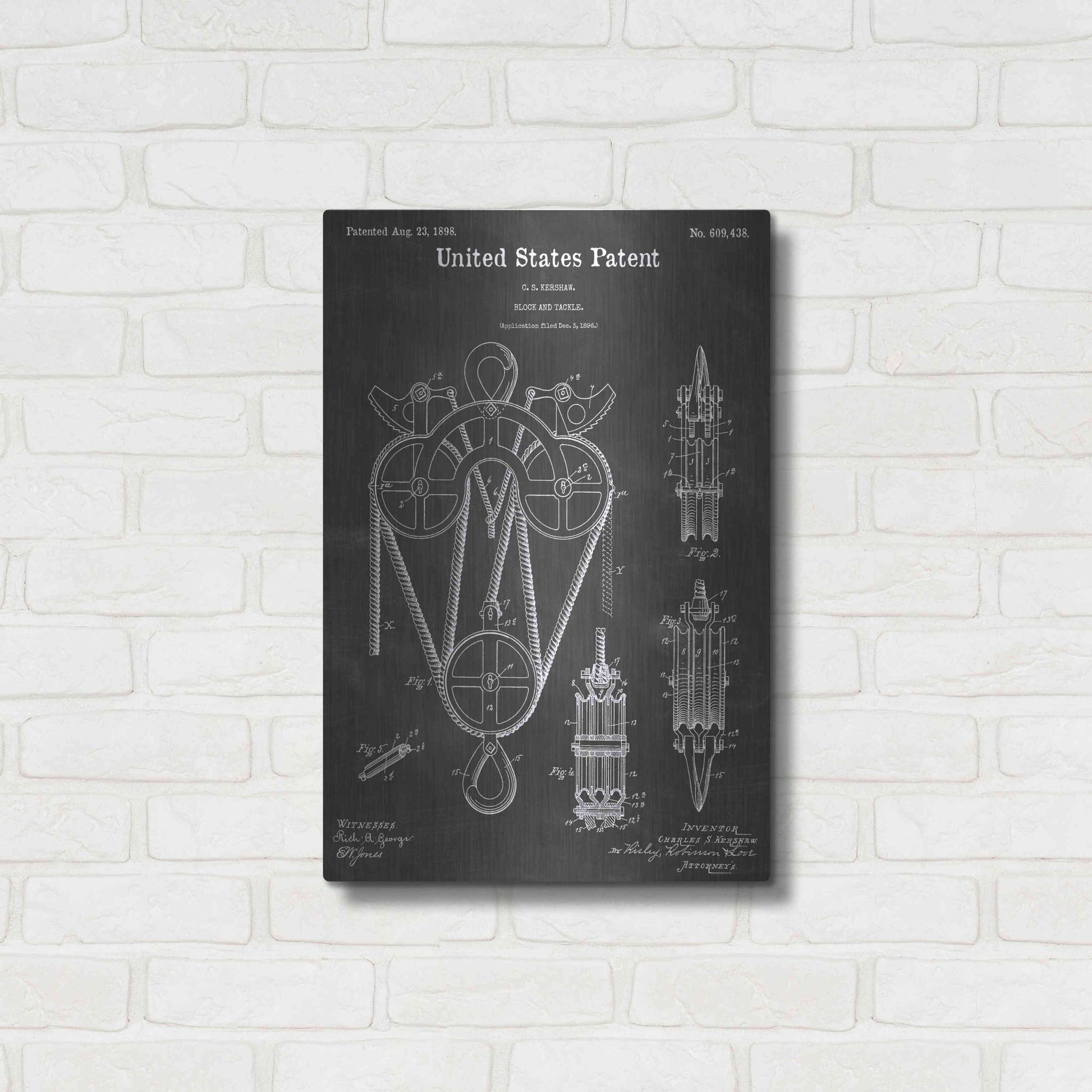 Luxe Metal Art 'Block And Tackle Vintage Patent Blueprint' by Epic Portfolio, Metal Wall Art,16x24