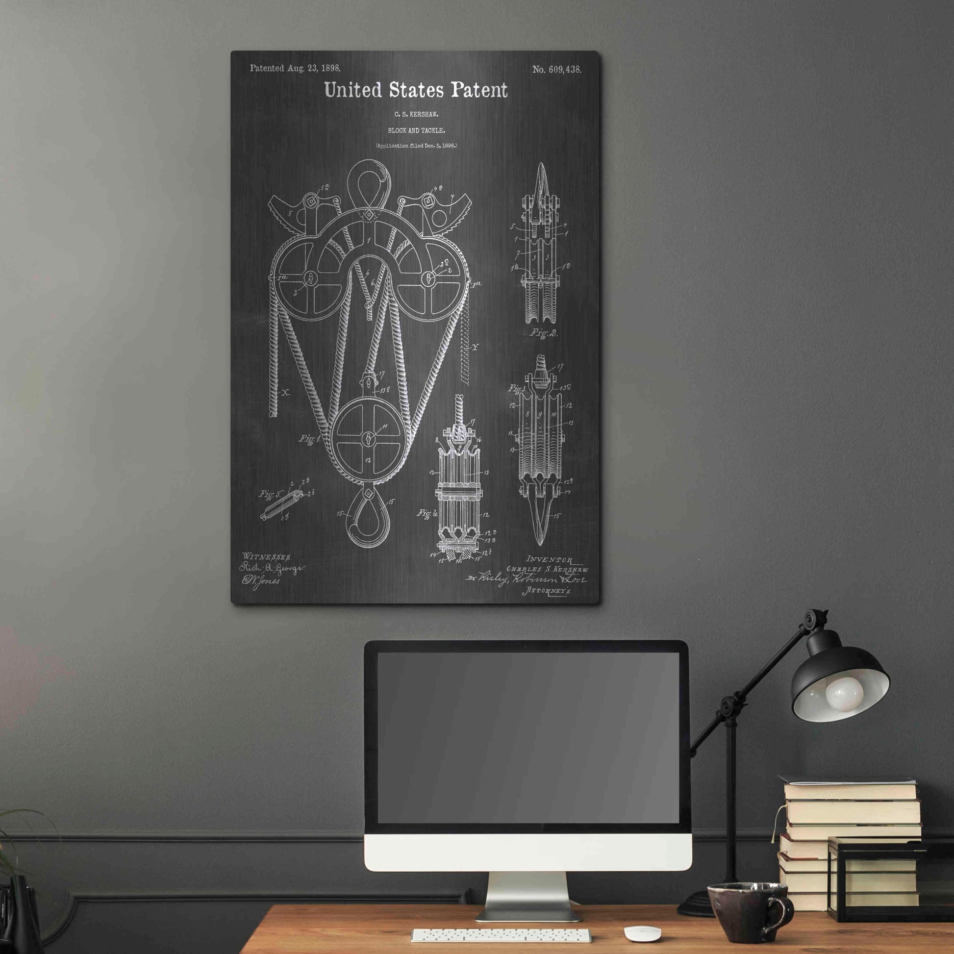 Luxe Metal Art 'Block And Tackle Vintage Patent Blueprint' by Epic Portfolio, Metal Wall Art,24x36