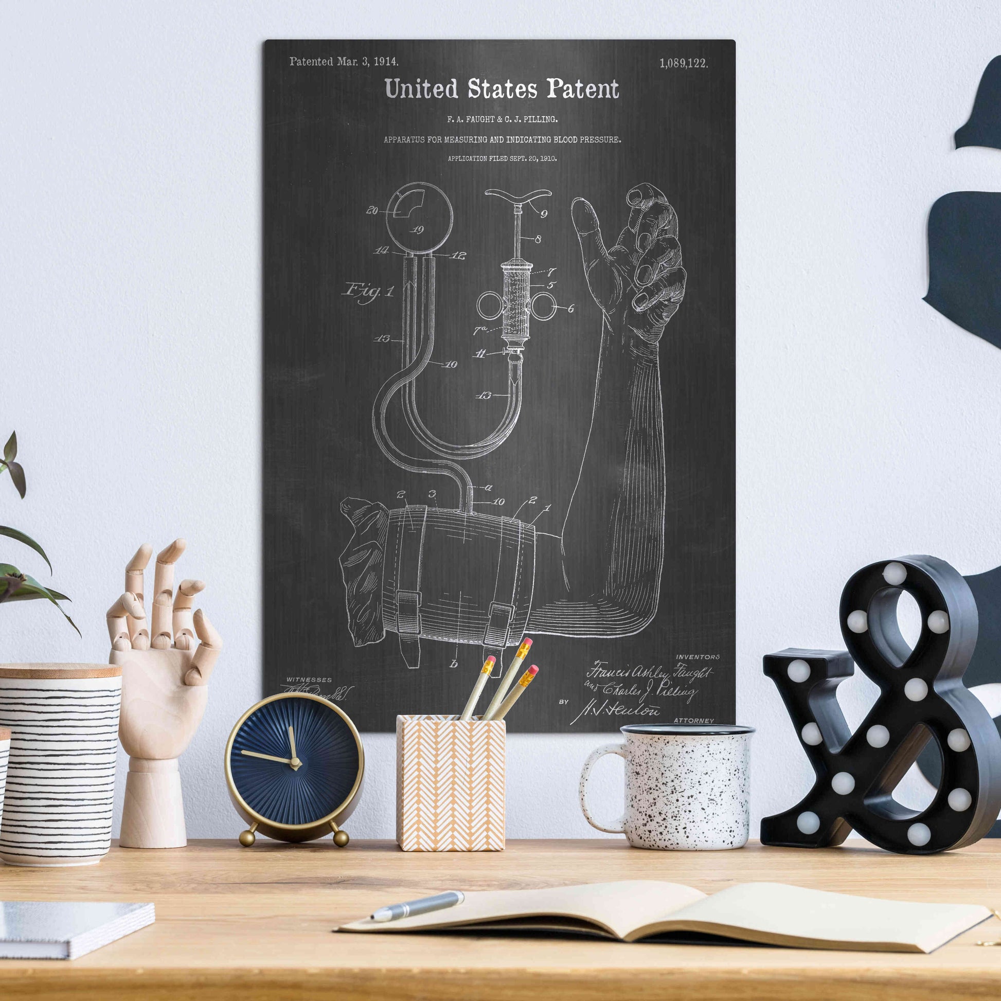 Luxe Metal Art 'Blood Pressure Vintage Patent Blueprint' by Epic Portfolio, Metal Wall Art,12x16