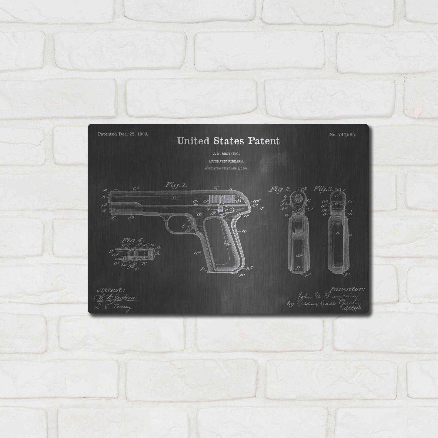 Luxe Metal Art 'Browning Vintage Patent Blueprint' by Epic Portfolio, Metal Wall Art,16x12