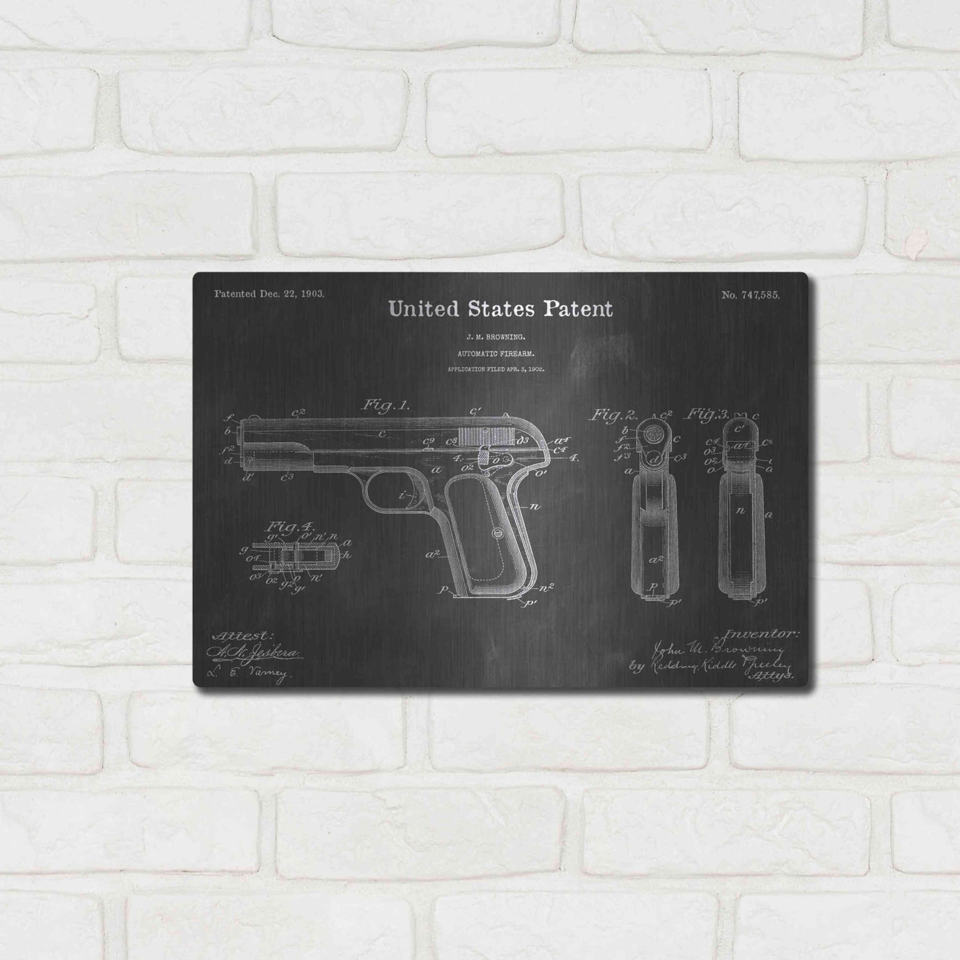 Luxe Metal Art 'Browning Vintage Patent Blueprint' by Epic Portfolio, Metal Wall Art,16x12