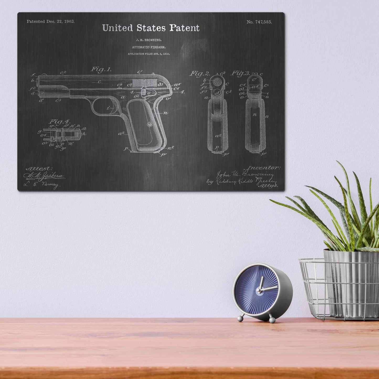 Luxe Metal Art 'Browning Vintage Patent Blueprint' by Epic Portfolio, Metal Wall Art,16x12