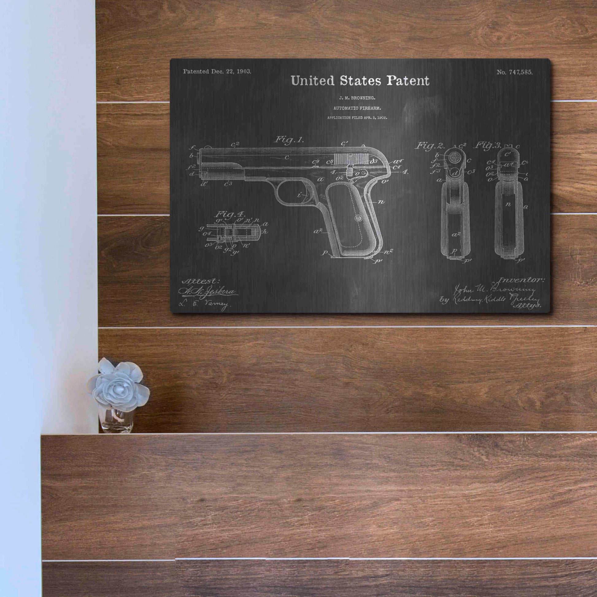 Luxe Metal Art 'Browning Vintage Patent Blueprint' by Epic Portfolio, Metal Wall Art,16x12