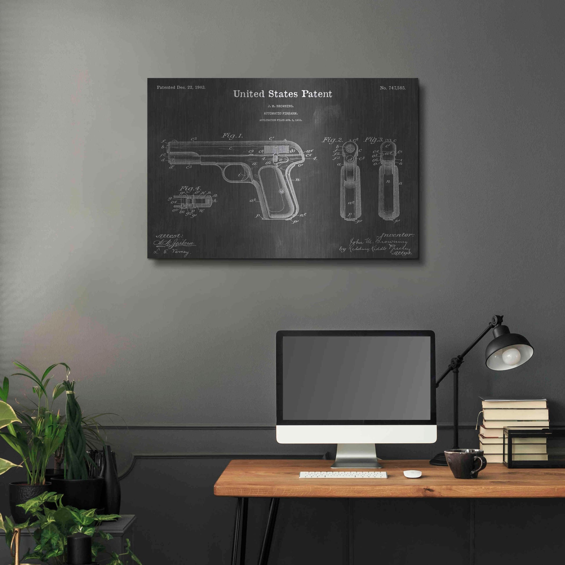 Luxe Metal Art 'Browning Vintage Patent Blueprint' by Epic Portfolio, Metal Wall Art,36x24