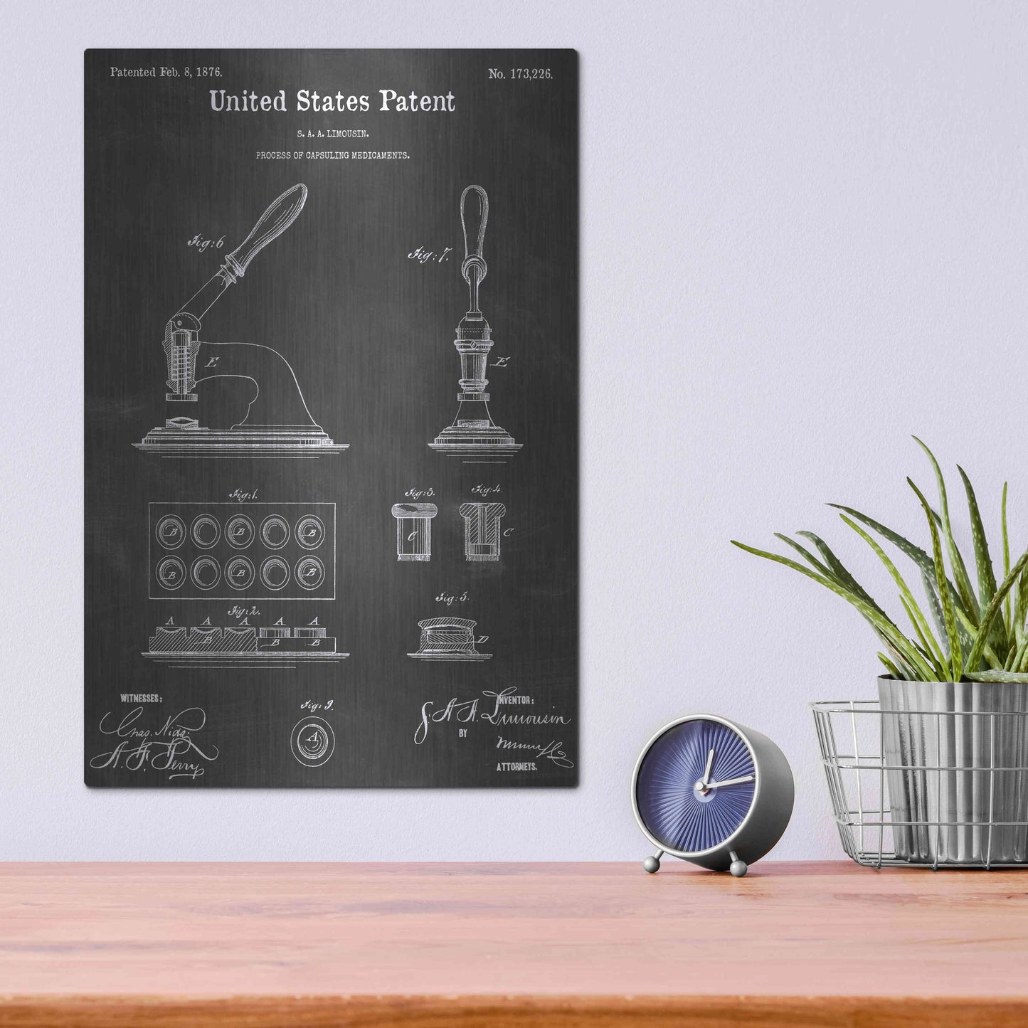 Luxe Metal Art 'Capsuling Vintage Patent Blueprint' by Epic Portfolio, Metal Wall Art,12x16