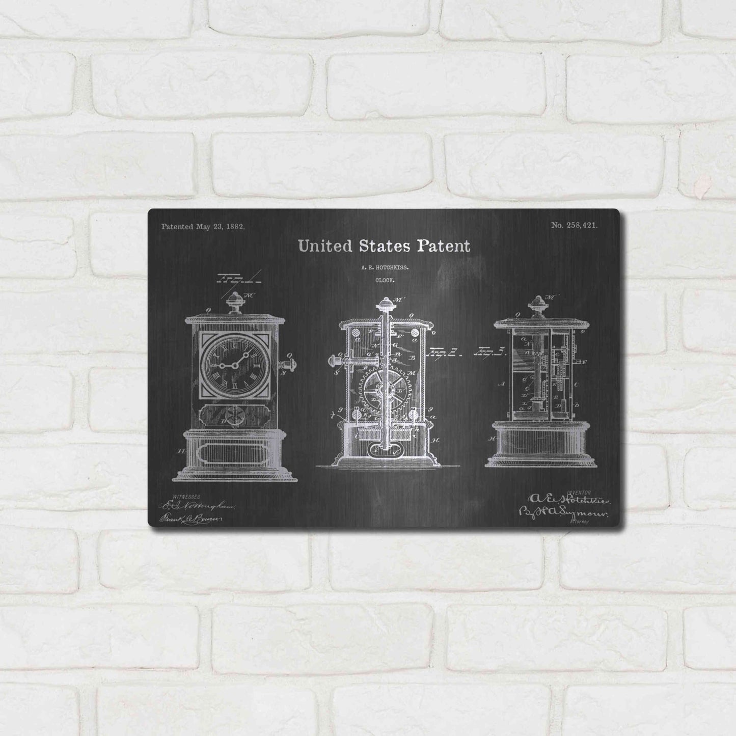 Luxe Metal Art 'Clock Vintage Patent Blueprint' by Epic Portfolio, Metal Wall Art,16x12