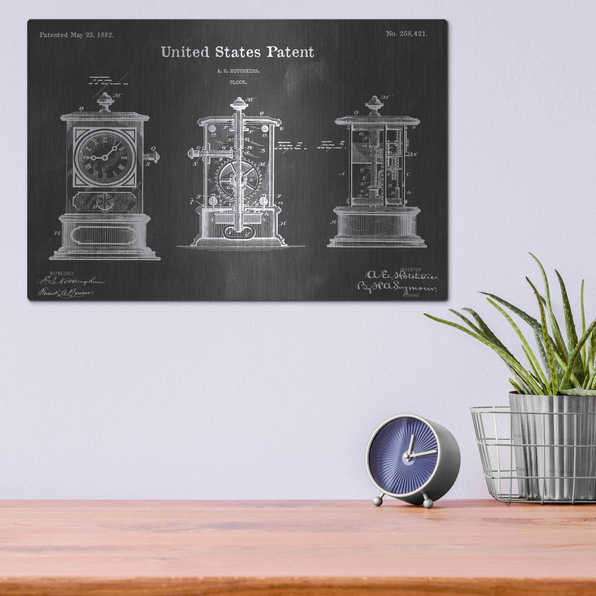 Luxe Metal Art 'Clock Vintage Patent Blueprint' by Epic Portfolio, Metal Wall Art,16x12