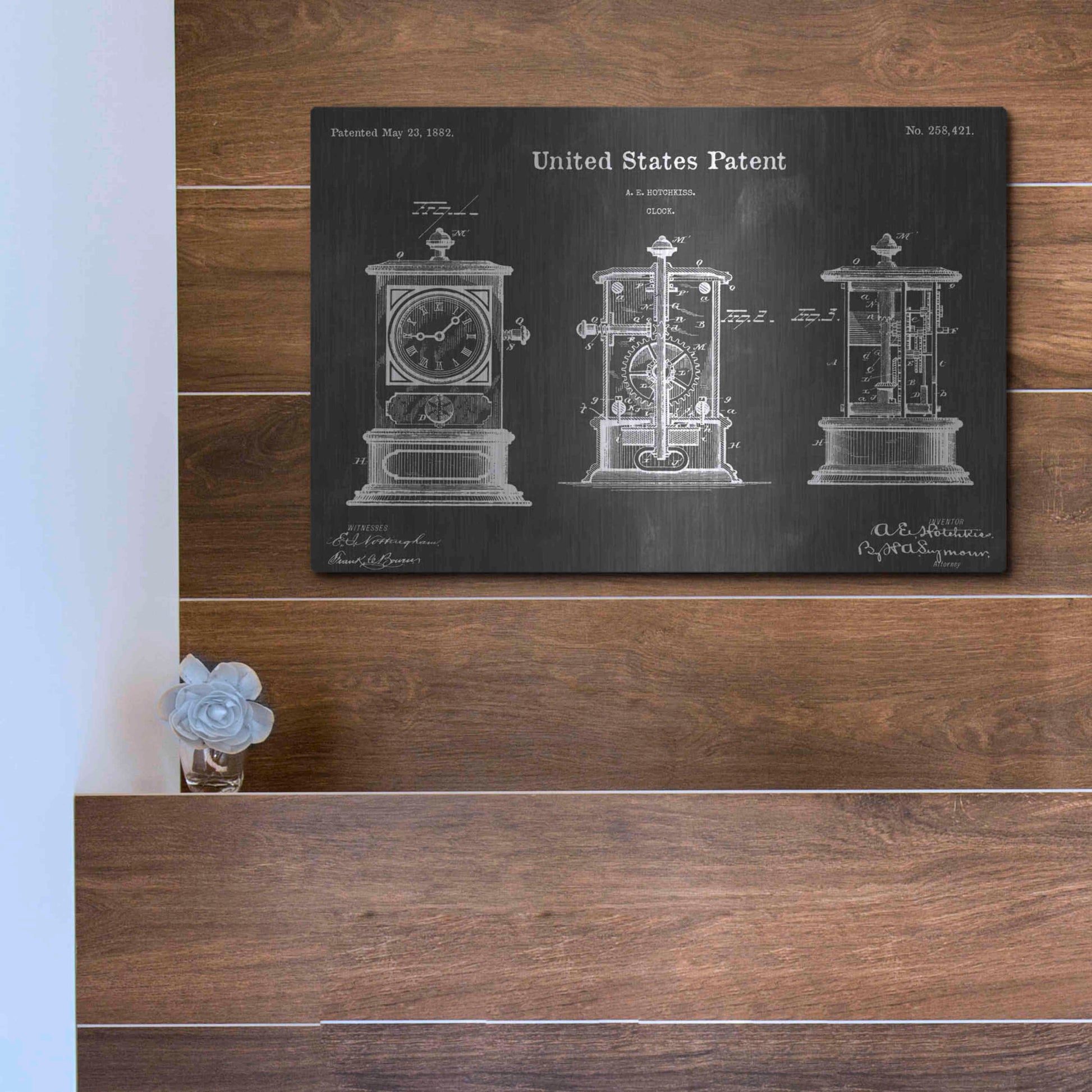 Luxe Metal Art 'Clock Vintage Patent Blueprint' by Epic Portfolio, Metal Wall Art,16x12