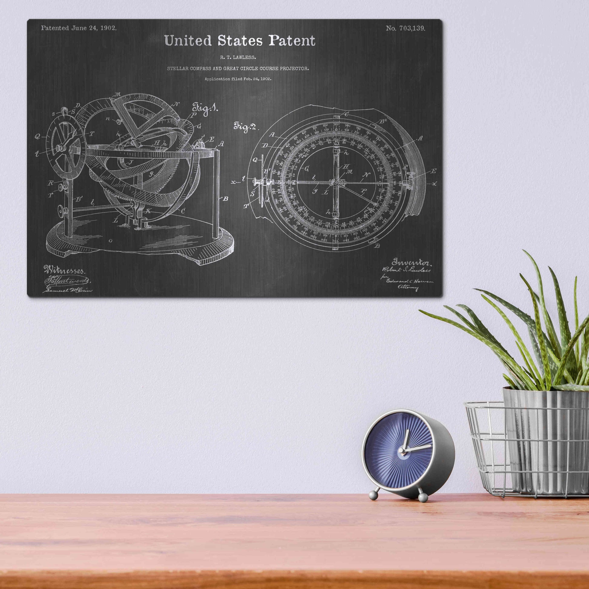 Luxe Metal Art 'Compass Vintage Patent Blueprint' by Epic Portfolio, Metal Wall Art,16x12