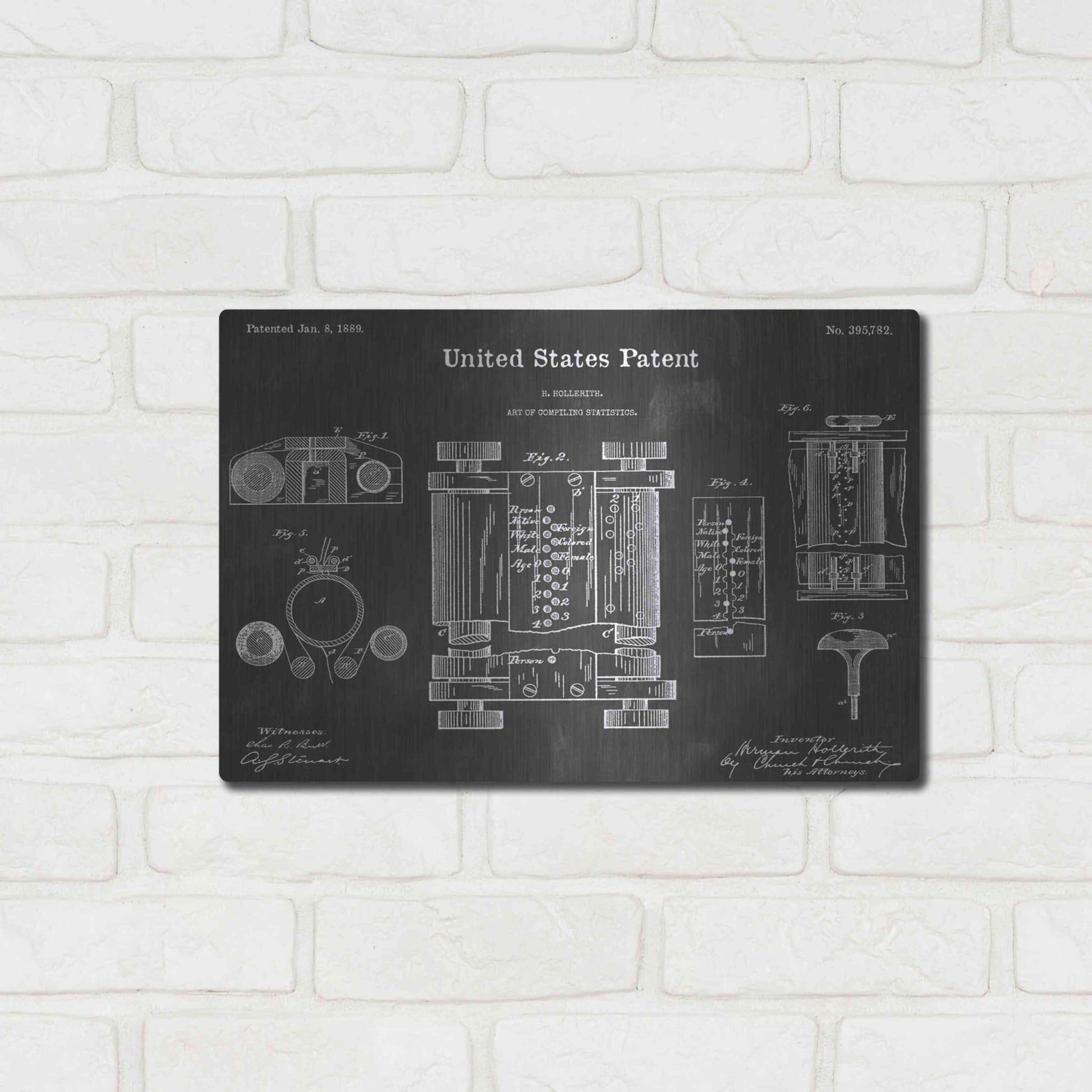 Luxe Metal Art 'Compiling Statistics Vintage Patent Blueprint' by Epic Portfolio, Metal Wall Art,16x12