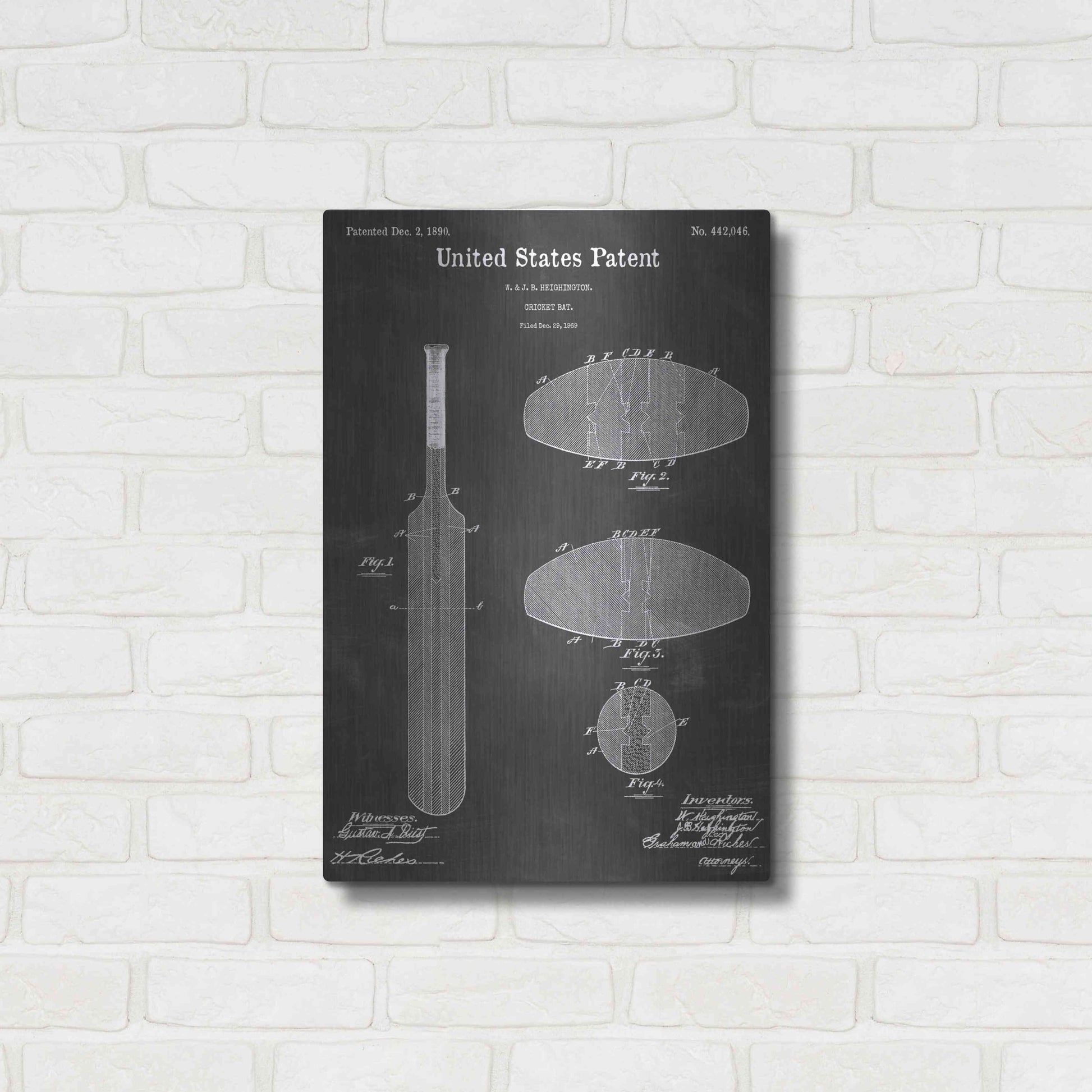 Luxe Metal Art 'Cricket Bat Vintage Patent Blueprint' by Epic Portfolio, Metal Wall Art,16x24