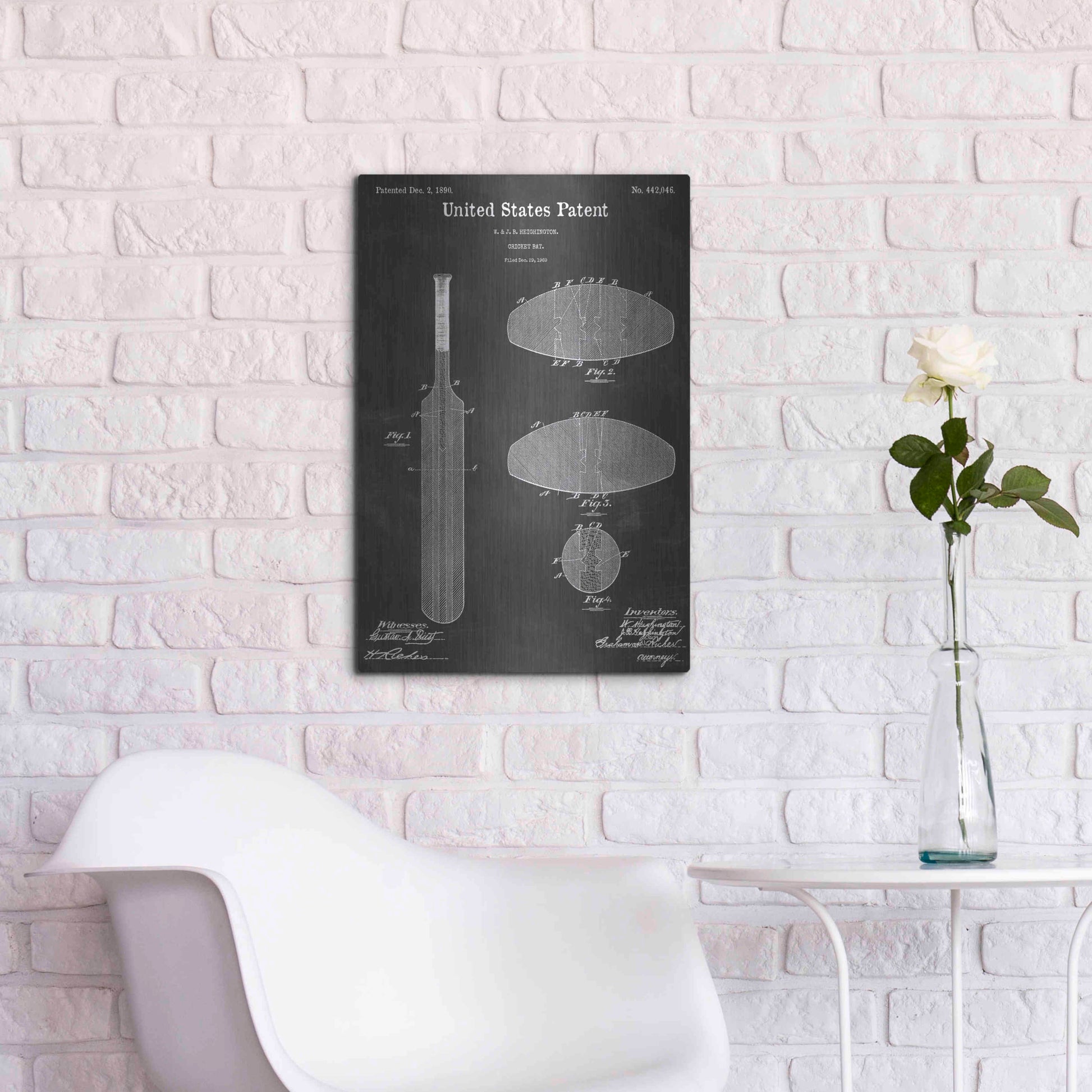 Luxe Metal Art 'Cricket Bat Vintage Patent Blueprint' by Epic Portfolio, Metal Wall Art,16x24