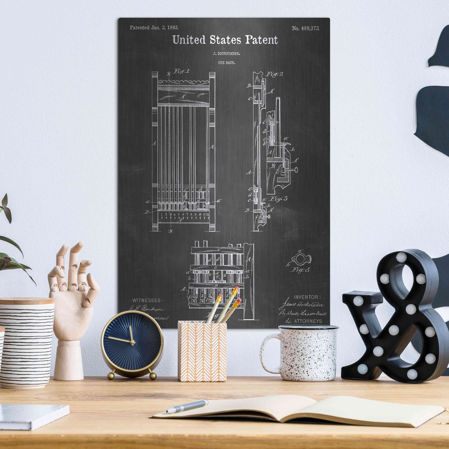 Luxe Metal Art 'Cue Rack Vintage Patent Blueprint' by Epic Portfolio, Metal Wall Art,12x16