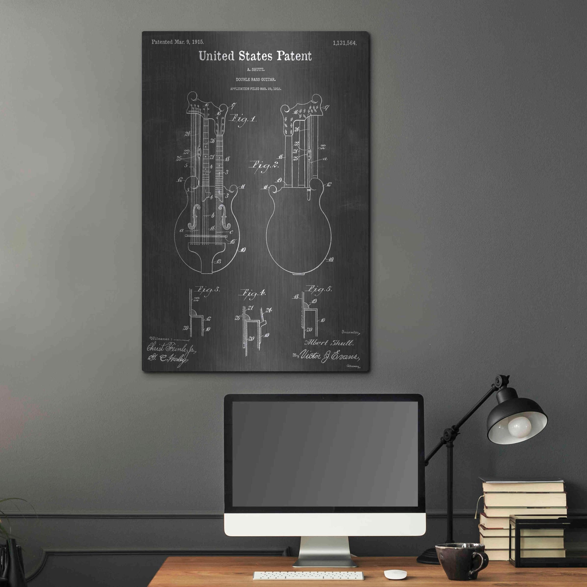Luxe Metal Art 'Double Bass Guitar Vintage Patent Blueprint' by Epic Portfolio, Metal Wall Art,24x36