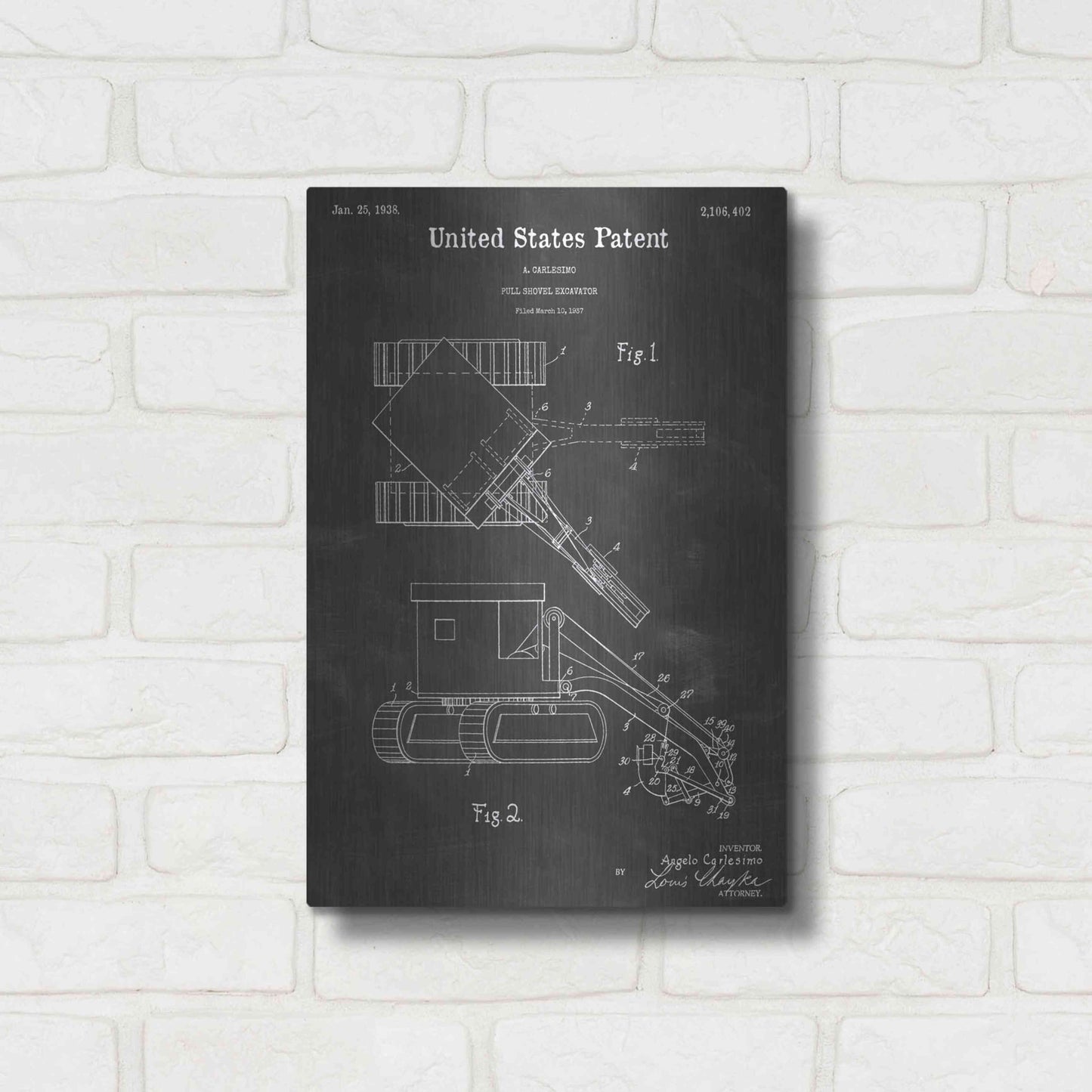 Luxe Metal Art 'Excavator Vintage Patent Blueprint' by Epic Portfolio, Metal Wall Art,12x16